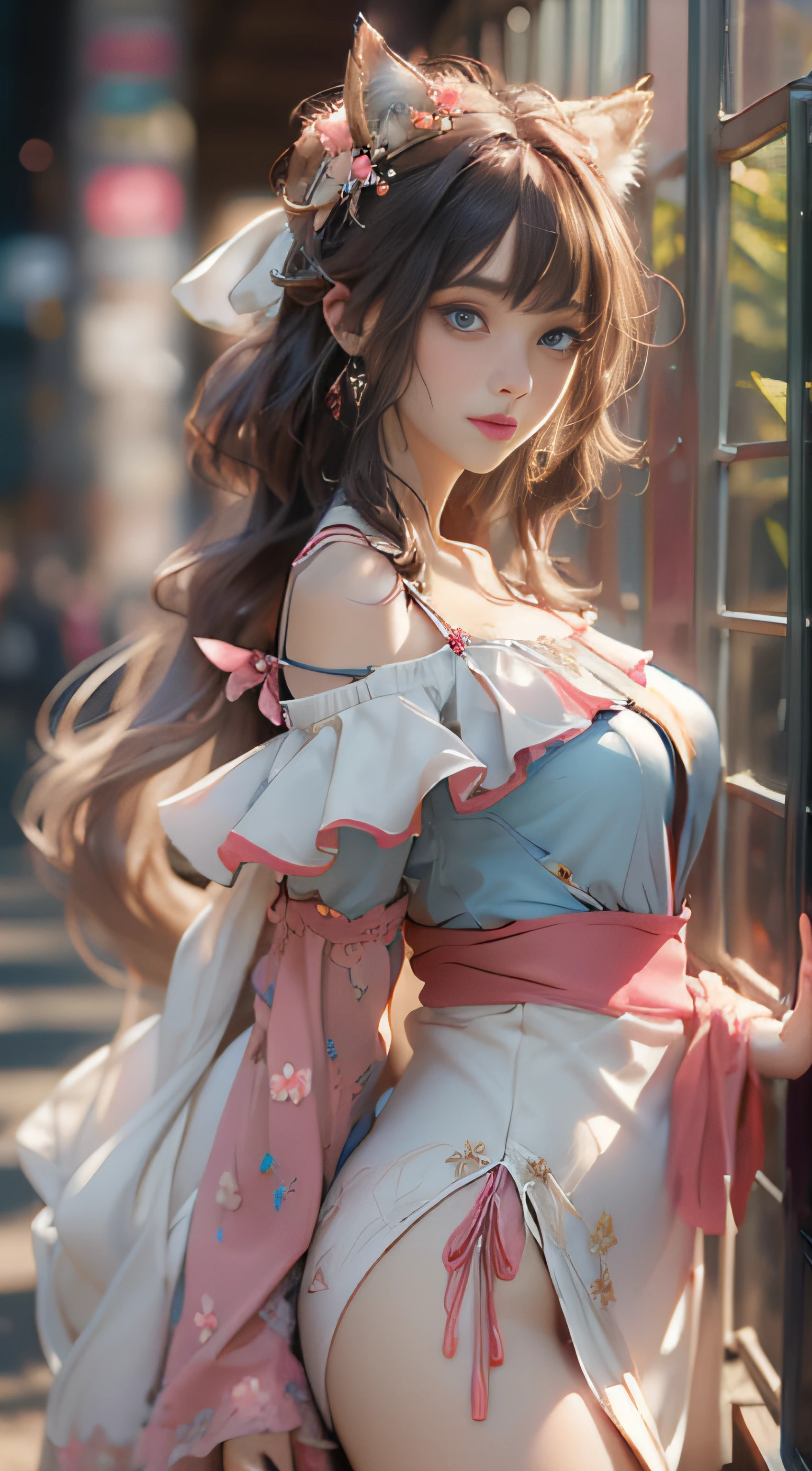 ((best qualtiy)), ((tmasterpiece)), (detail:1.4), Beautiful cyberpunk female images,hdr(HighDynamicRange),Ray traching,NVIDIA RTX,Hyper-Resolution,illusory 5,sub surface scattering,PBR textures,post-proces,Anisotropy Filtering,depth of fields,maximum definition and sharpness,Many-Layer Textures,Albedo e mapas Speculares,Surface coloring,Mitsu-Accurate simulation of material interactions,perfectly proportioned,rendering by octane,Two-colored light,largeaperture,Low ISO,White balance,Rule three points、8K raw data、Beautiful bright blue pupils,off-the-shoulder clothes,Fine pupils,Delicate face and eyes,long eyelasher,Blushlush,Delicate and fluffy hair,pink lip,Pure,Cute face,Sweet girl,Artistic sense,Casual wear,Advancedsense,butterflys,Cherry blossom petal,Beautiful hair accessories,Long hair and waist,Hair fluttering in the wind,Snow-white fox ears,curlies,Snow-white fluffy tail,Positive light,The light from the back window is backlighted