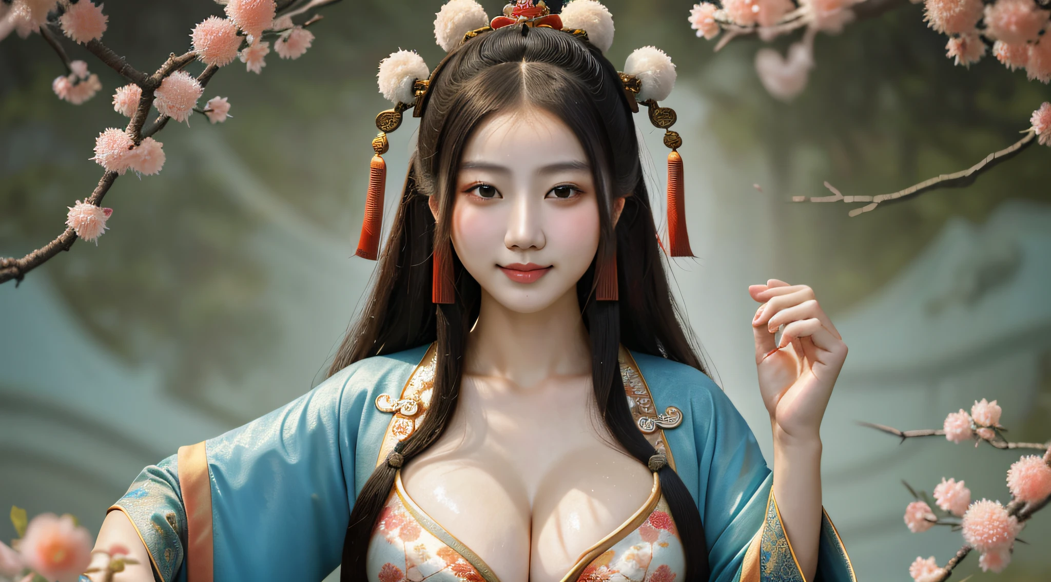 Best picture quality, 8K, Master masterpieces, 1girll, (Ancient Han Dynasty hairstyle Tang Dynasty, Leaky big breasts,Show cleavage),Only the upper body,Ming dynasty Hanfu, Asian face, Peach blossom eyes, 二重まぶた,Smile toothy,Tang Dynasty Forbidden City,Real Human,Realistis,Super real