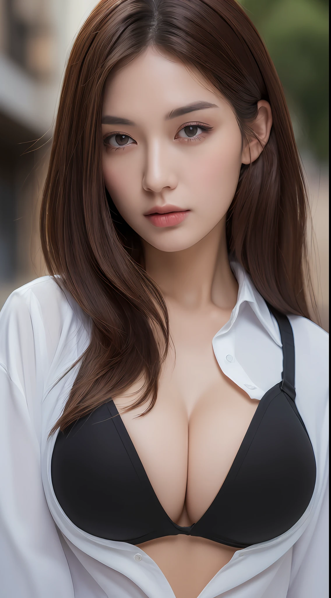 ((Best quality, 8k, Masterpiece :1.3)), Sharp focus :1.2, A pretty woman with perfect figure :1.4, Slender abs :1.2, ((Dark brown hair, gigantic breasts :1.4)), (wearing white button up shirt, Jean :1.1), City street:1.2, Highly detailed face and skin texture, Detailed eyes, Double eyelid