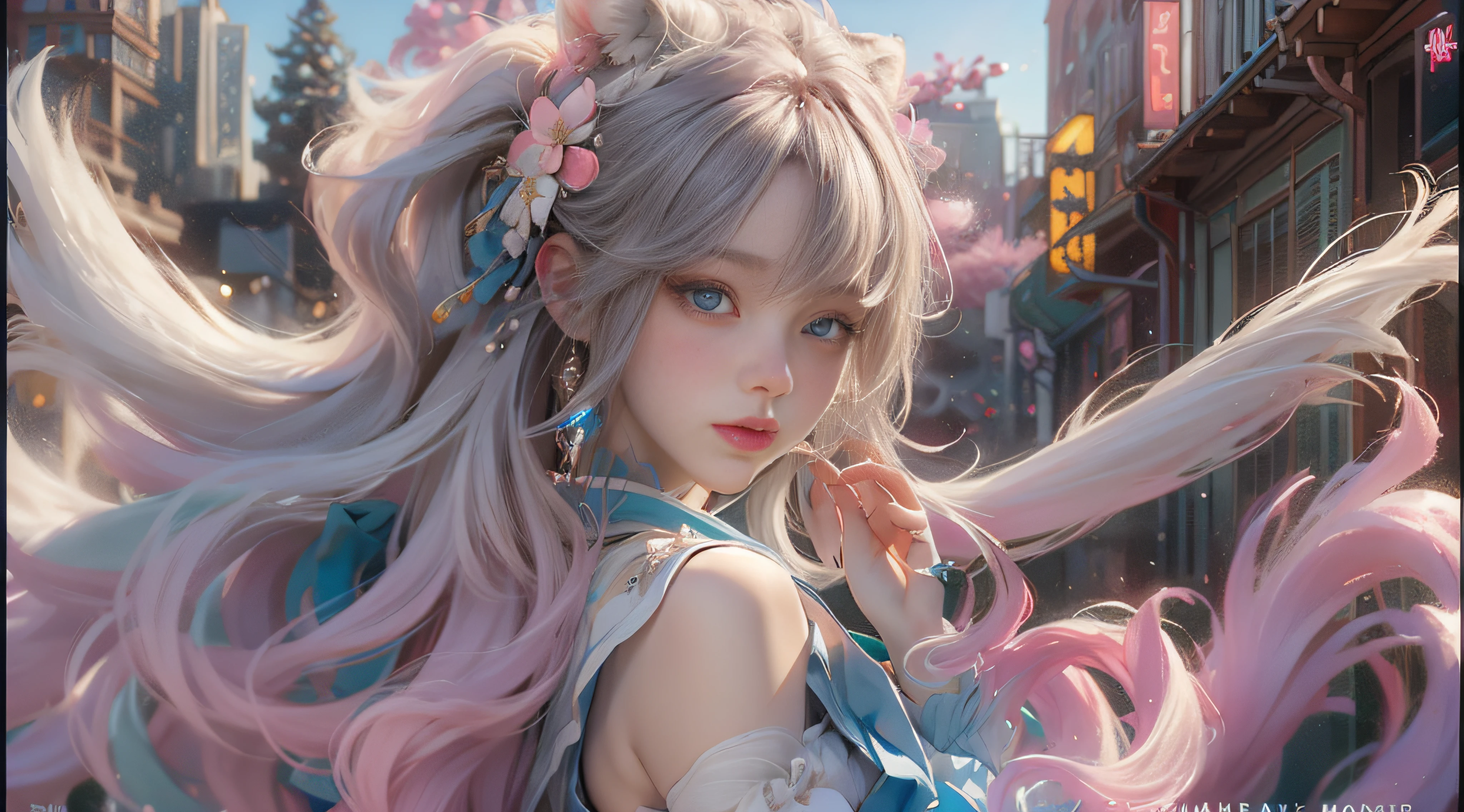 ((best qualtiy)), ((tmasterpiece)), (detail:1.4), Beautiful cyberpunk female images,hdr(HighDynamicRange),Ray traching,NVIDIA RTX,Hyper-Resolution,illusory 5,sub surface scattering,PBR textures,post-proces,Anisotropy Filtering,depth of fields,maximum definition and sharpness,Many-Layer Textures,Albedo e mapas Speculares,Surface coloring,Mitsu-Accurate simulation of material interactions,perfectly proportioned,rendering by octane,Two-colored light,largeaperture,Low ISO,White balance,Rule three points、8K raw data、Beautiful bright blue pupils,off-the-shoulder clothes,Fine pupils,Delicate face and eyes,long eyelasher,Blushlush,Delicate and fluffy hair,pink lip,Pure,Cute face,Sweet girl,Artistic sense,Casual wear,Advancedsense,butterflys,Cherry blossom petal,Beautiful hair accessories,Long hair and waist,Hair fluttering in the wind,Snow-white fox ears,curlies,Snow-white fluffy tail,Positive light,The light from the back window is backlighted