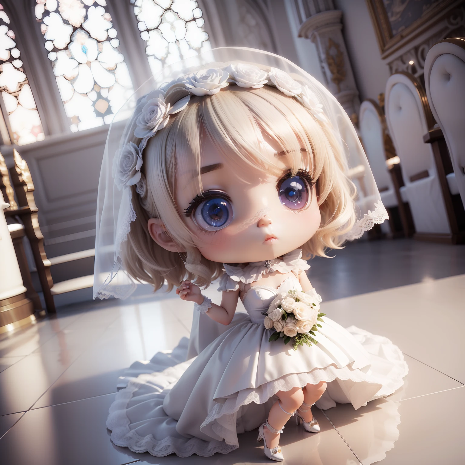 (((chibi3d)))cute and beautiful chibi anime girl 1,Pure White Wedding Dresses、Lots of run-up frills,Blonde hair,Blue-gray eyes,Wearing a sheer lace veil,Have a bouquet of flowers,Wearing white pin heels,Majestic church、altar,