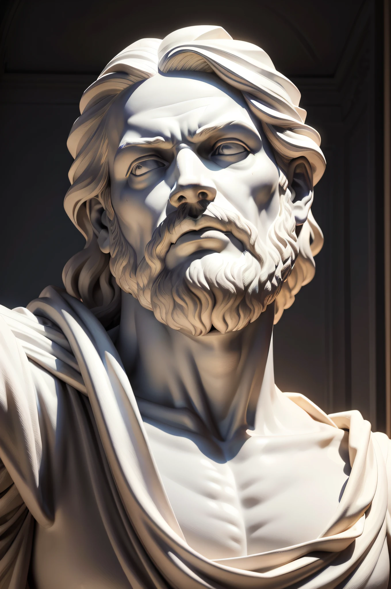 A realistic Greek white marble statue of socrates bravo scary detailed wearing a ghostly toga, fundo neutro, Moody, , fotorrealista, Scary Movie Dinner, super detalhada, hiper realista, luzes brilhantes, 8 K