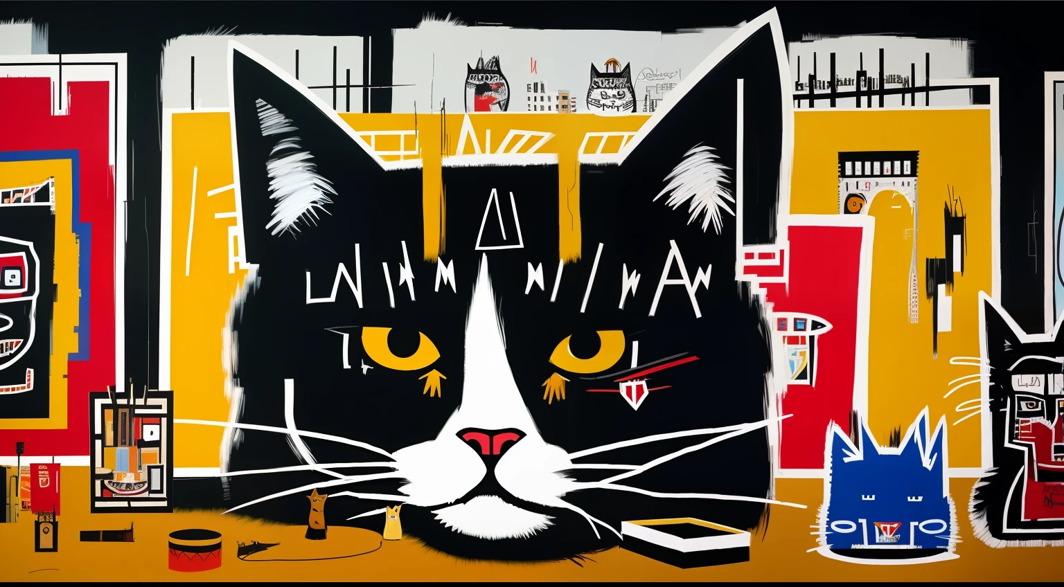 Basquiat's paintings、Cats、Detailed light、artworks、an extremely devious and beautiful、buliding
