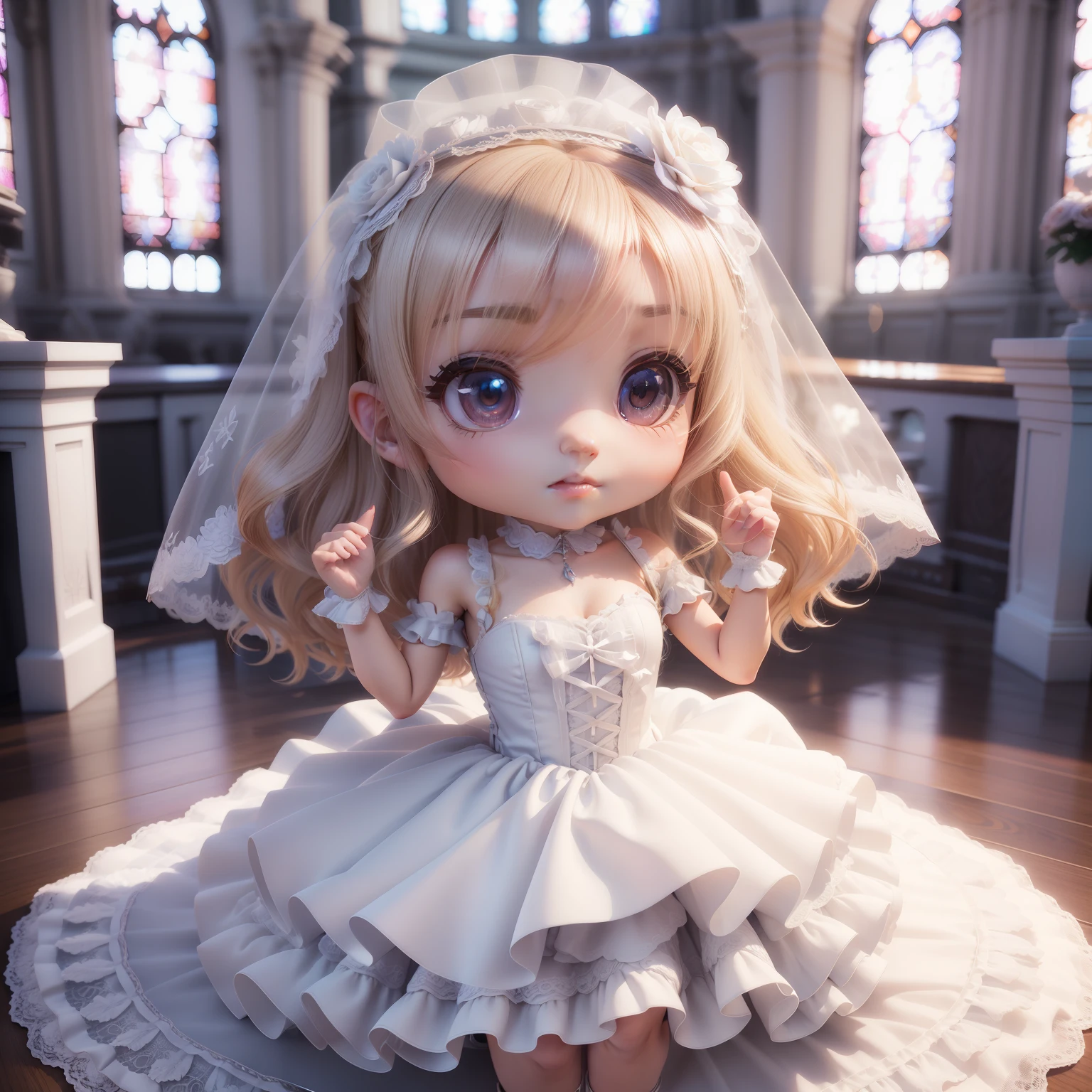 (((chibi3d)))cute and beautiful chibi anime girl 1,Pure White Wedding Dresses、Lots of run-up frills,Blonde hair,Blue-gray eyes,Wearing a sheer lace veil,Have a bouquet of flowers,Wearing white pin heels,Majestic church、altar,