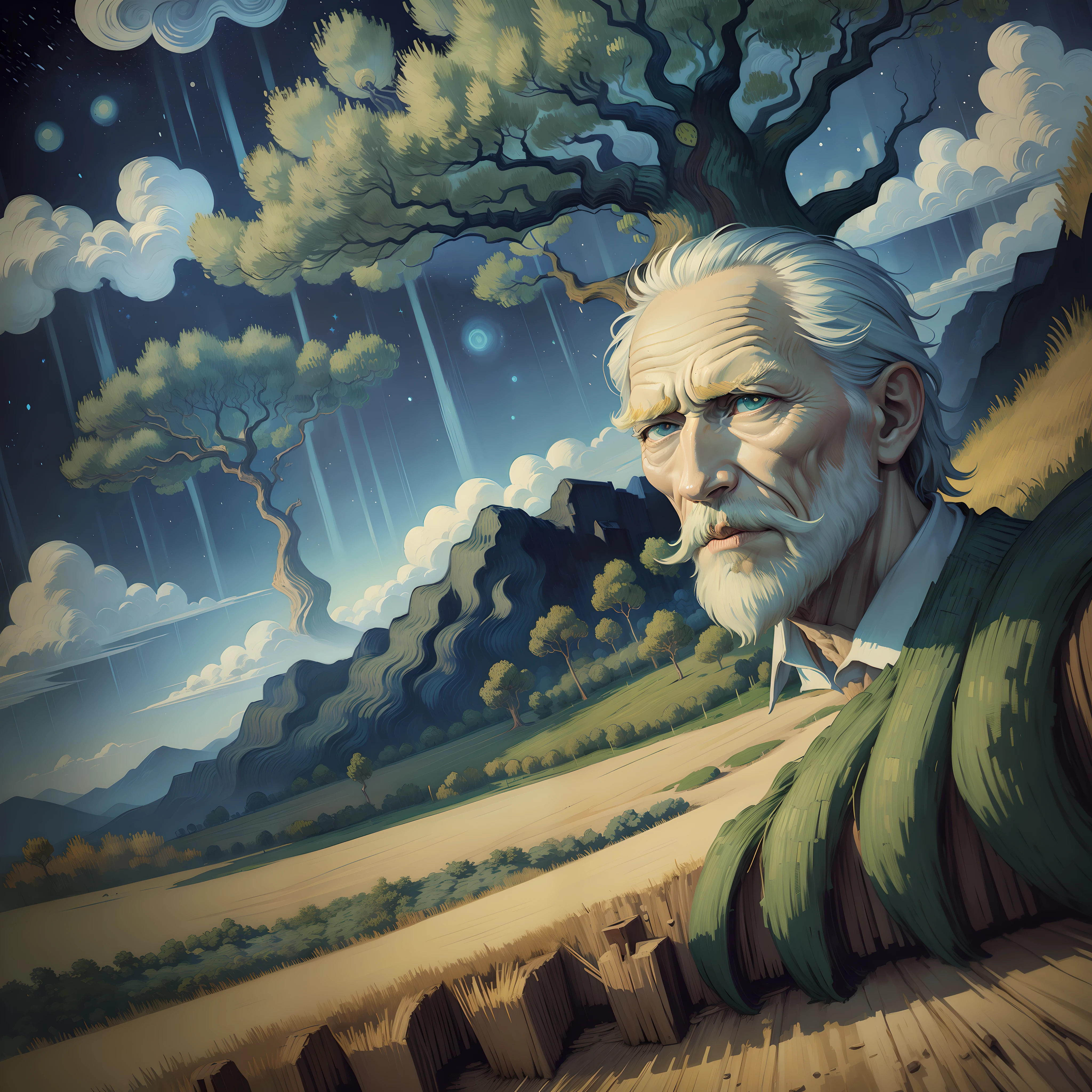 (vincent van gogh style),(yggdrasil),(kind old man)