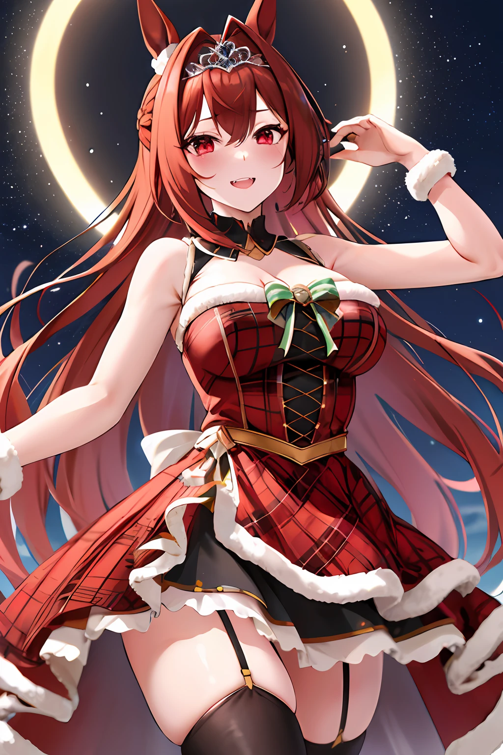 4K,​masterpiece, top-quality, Hi-Res, 1girl, Marl, 独奏, Daiwa scarlet\(umamusume\), Daiwa Scarlet，brown haired, Red gloves, tiarra, {{{Tiara on the head}}}, RED dress, Very long hair, black thighhighs, Tsukunoshi, sleeveless, red eyes, cleavage of the breast, Plaid dresses, bangss, Dresses trimmed with fur, large full breasts, sleeveless dresses, bare shoulders​, hair between eye, large full breasts, Single ear cover,Green ribbon at chest, frilld, embarrassed from, natta, nighttime scene，Summit of Mt，{{{nigh sky}}}，starrysky，Smiled、brown haired, A slight smil,beautiful countenance, brown haired, Sharp fangs,bangss，Grown-up，embarassed face，A detailed eye，Beautiful eyes，Shyness，red blush，{{{Red hair}}},hair between eye, laying on back，pretty skin, Sideways body，Lift your chest with your hands，Dark lipstick