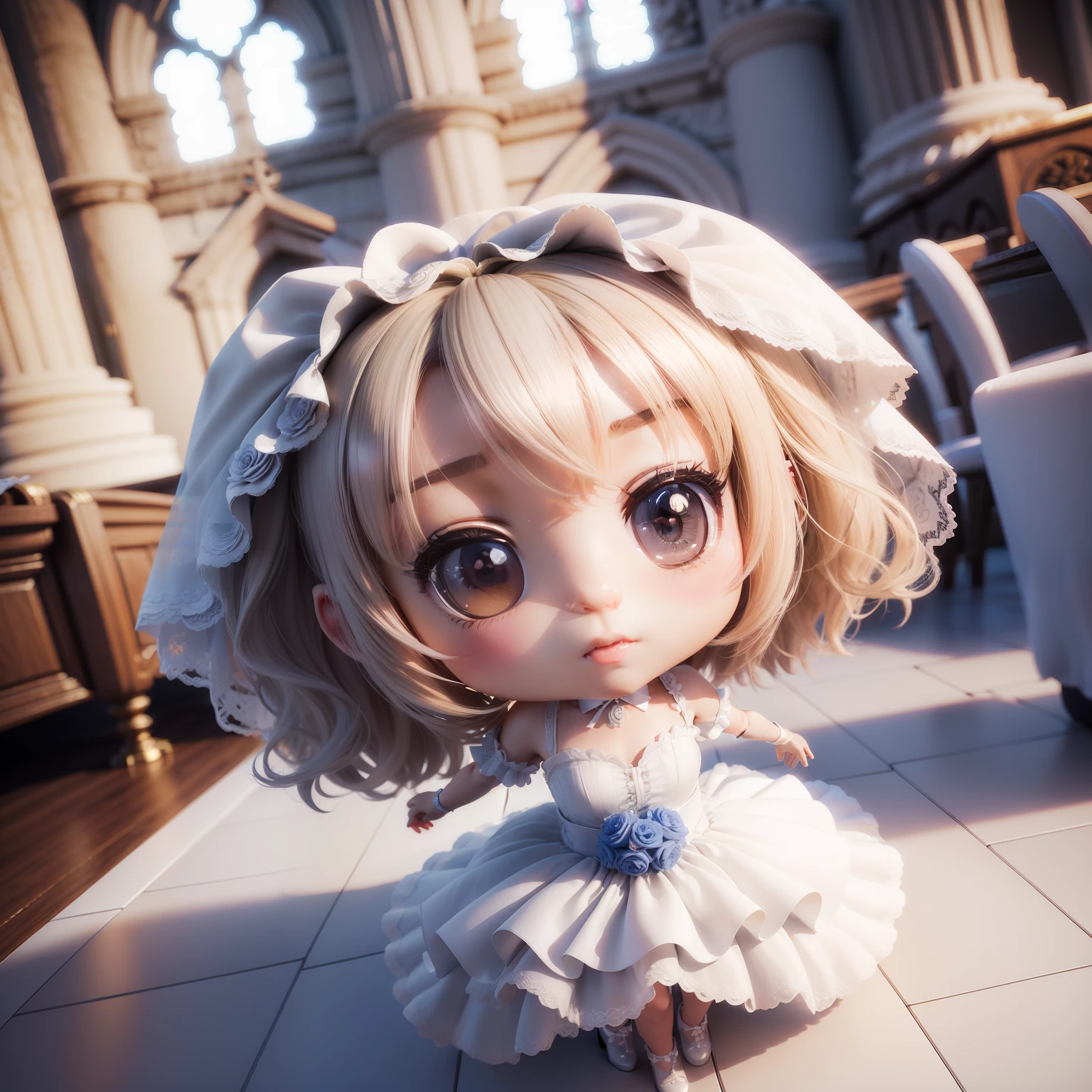 (((chibi3d)))cute and beautiful chibi anime girl 1,Pure White Wedding Dresses、Lots of run-up frills,Blonde hair,Blue-gray eyes,Wearing a sheer lace veil,Have a bouquet of flowers,Wearing white pin heels,Majestic church、altar,