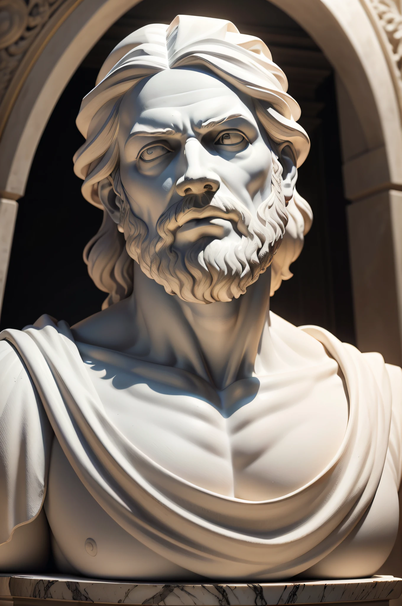 A realistic Greek white marble statue of socrates bravo scary detailed wearing a ghostly toga, fundo neutro, Moody, , fotorrealista, Scary Movie Dinner, super detalhada, hiper realista, luzes brilhantes, 8 K