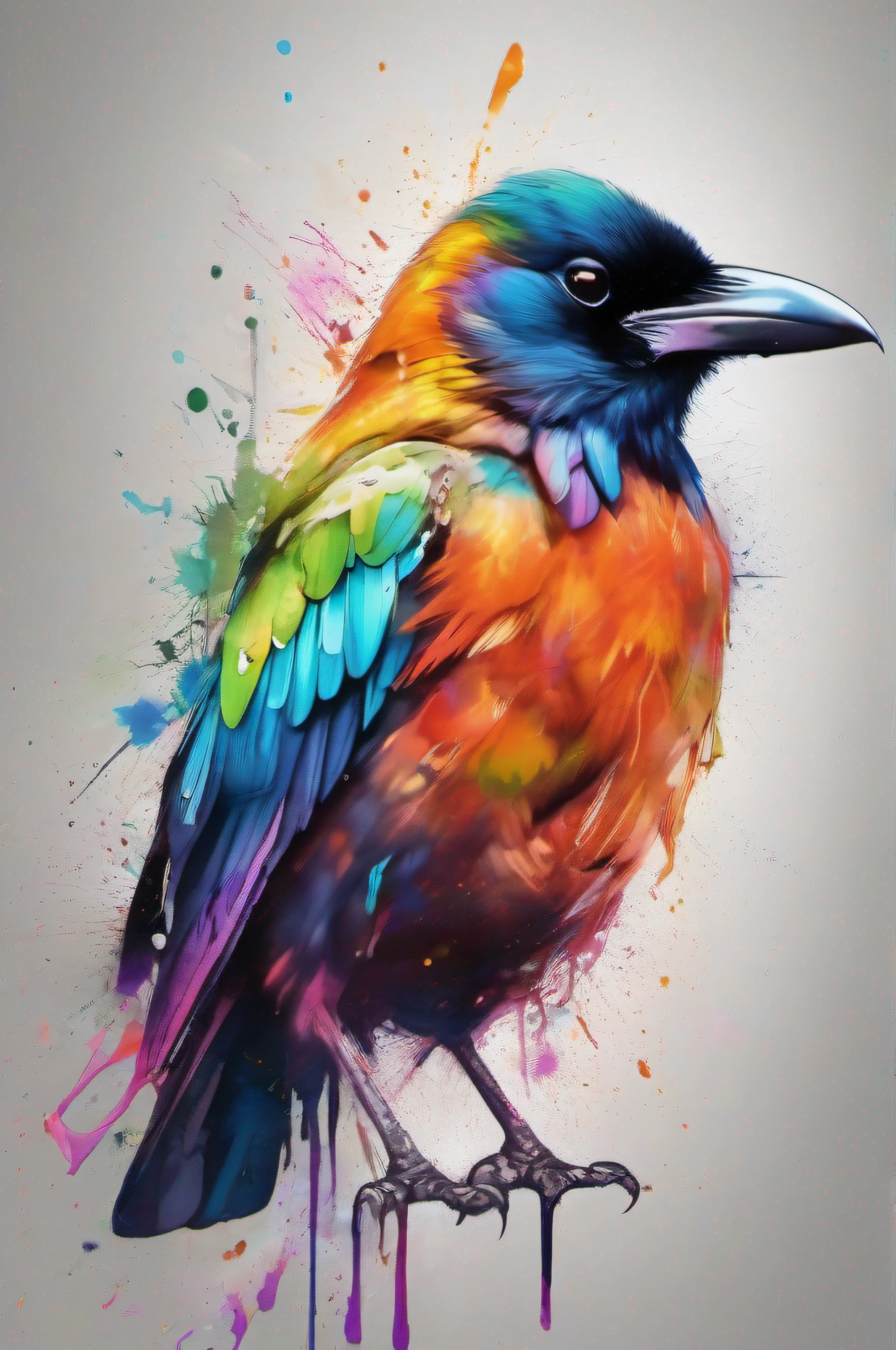 Draw a crow with colorful ink on its face, archan nair, painted in bright water colors, animal drawing, vibrant watercolor painting, painting of cute dog, Stunning artwork, Surrealism with bright colors, plethora of colors,detail-rich, lovely digital painting, Amazing, digital art animal photo, colorful art, art of alessandro pautasso, watercolor detailed art