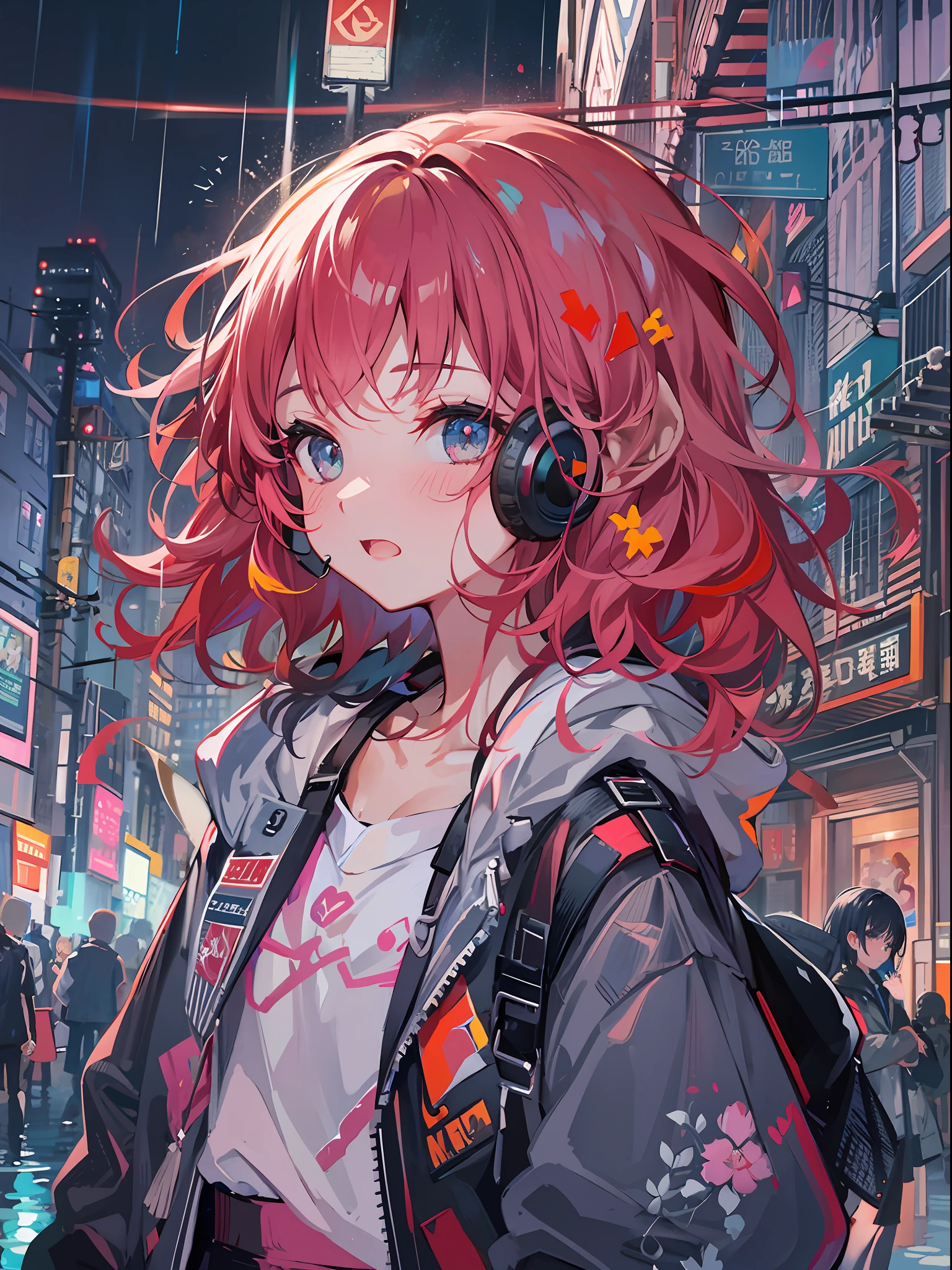 8K分辨率、((top-quality))、((masterpiece))、((ultra-detailliert))、1 woman、独奏、incredibly absurdness、Oversized hoodies、headphones、Street、plein air、Rain at night、neons、Shortcut Hair、Brightly colored eyes、Hands in pockets、shortpants、water dripping、red hairs、Bob Hair
