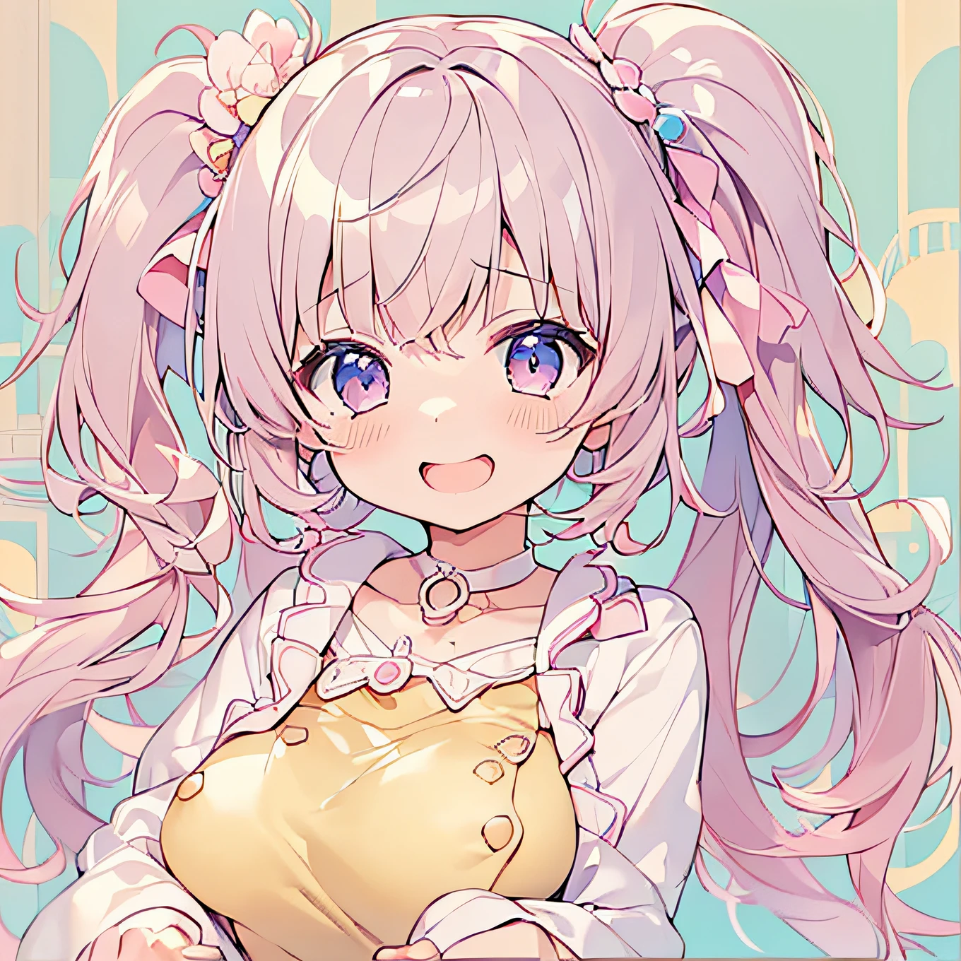 ((NSFW:1.1),masutepiece, (1girl in),Feel as young as 3 years old、poneyTail、 Idol,Looks fun with a big smile, ((upper body closeup)), Big eyes, It seems that the eyes are shining、Kawaii Tech, kawaii, Cute, Pastel colors,Hair color is pastel、 (Best Quality), Happy,Deep background in Makoto Shinkai style, Symmetrical, Head Tilted,The composition should exude sensuality and innocence、An ultra-high picture quality、Dynamic Angle、