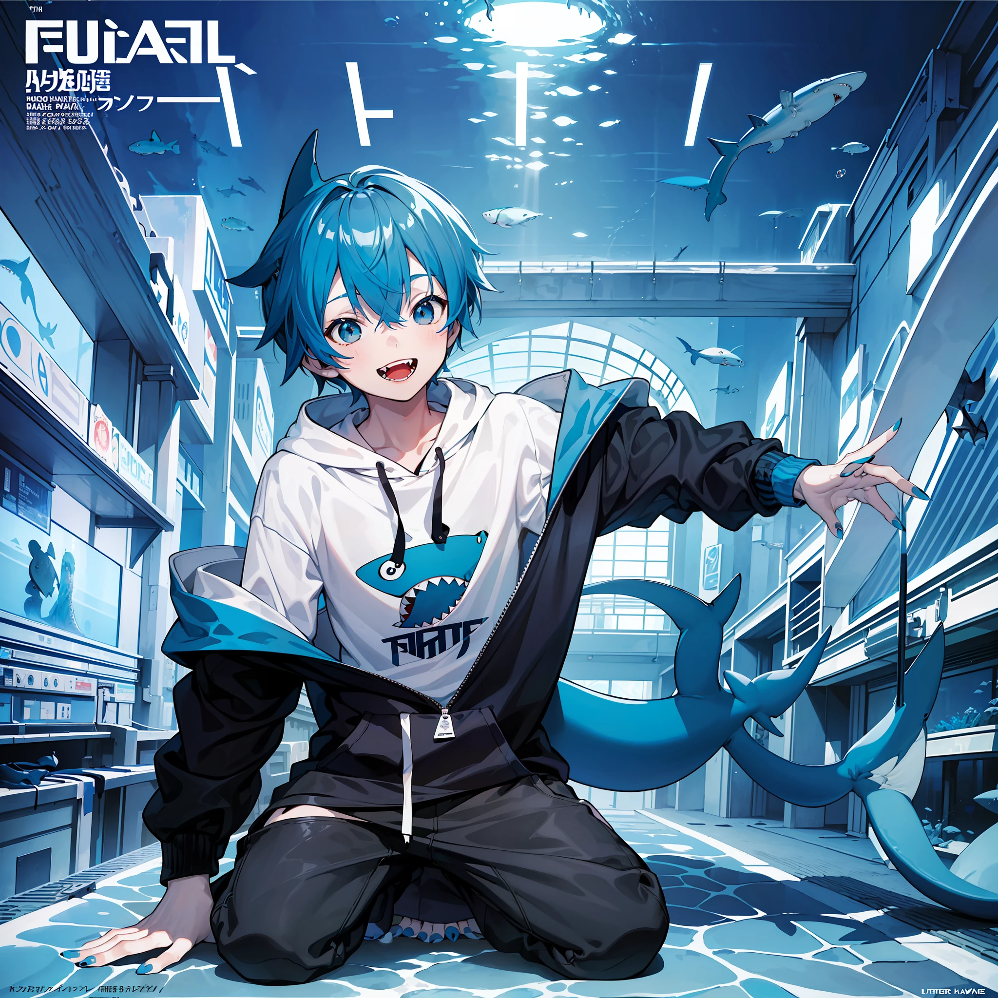 masterpiece, best quality, full body, (1boy), (Wearing a blue shark tail hoodie), (boy smiling shark teeth), (Boy Messy Japanese Round Haircut for Thick Hair), (blue nails), (blue hair), black shorts, ((solo)), (magazine:1.3), (cover-style:1.3), fashionable,Under water, (in side tunnel aquarium),