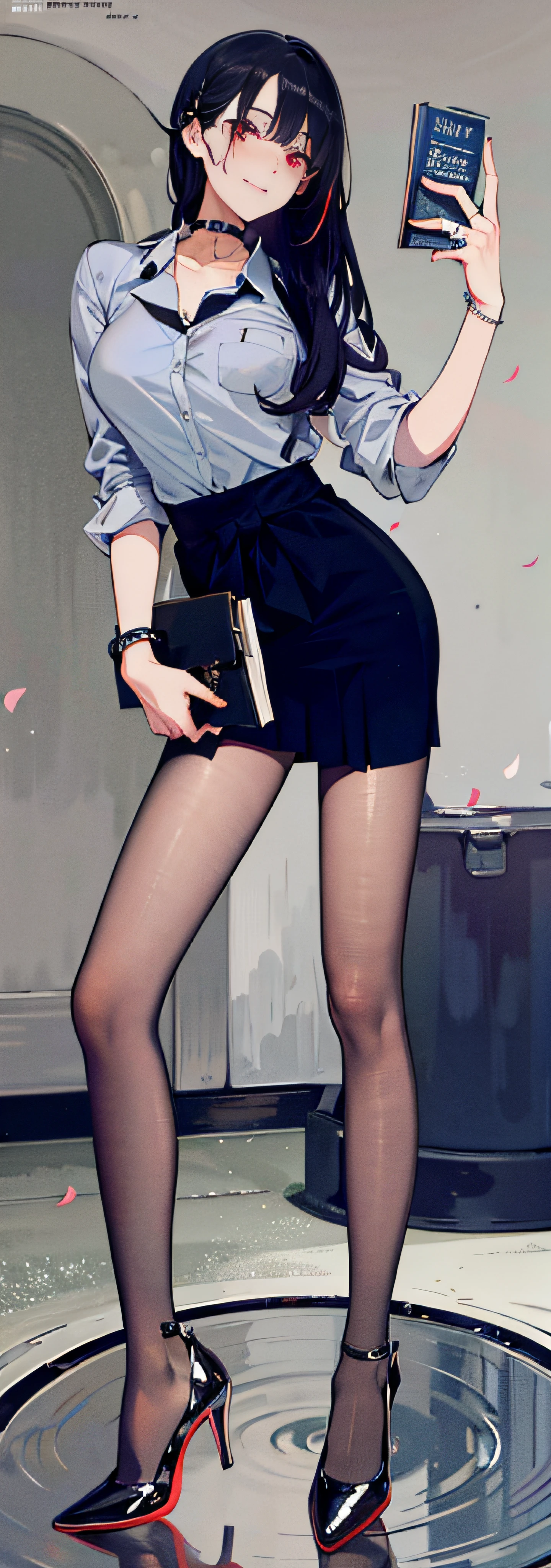 masterpiece, best quality, full body, 1girl, bangs, black choker, black necktie, blonde hair, blue skirt, blush, bracelet, breasts, choker, clothes around waist, collarbone, collared shirt, cowboy shot, dress shirt, ear piercing, eyebrows visible through hair, gradient hair, grin, gyaru, jewelry, kogal, long hair, looking at viewer, loose necktie, necktie, piercing, plaid, plaid skirt, pleated skirt, red eyes, ring, school uniform, shirt, skirt, smile, solo, white shirt, street, sky, cherry blossoms, petals,illustration, (magazine:1.3), (cover-style:1.3), fashionable, woman, vibrant, outfit, posing, front, colorful, dynamic, background, elements, confident, expression, holding, statement, accessory, majestic, coiled, around, touch, scene, text, cover, bold, attention-grabbing, title, stylish, font, catchy, headline, larger, striking, modern, trendy, focus, fashion,