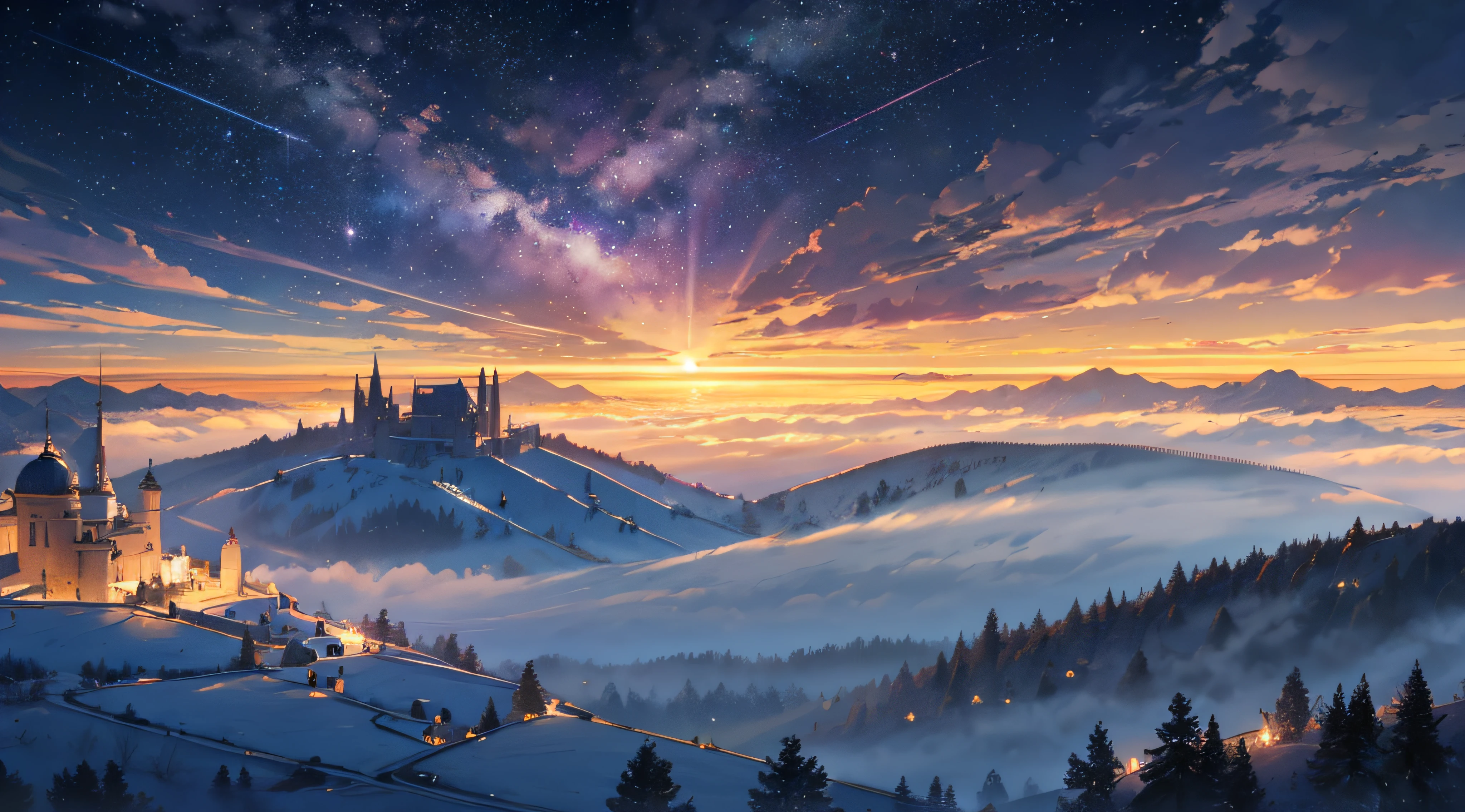 Expansive landscape photograph,(moon full:1.2),(meteors:0.9),(Starcloud:1.3),(Warm light source:1.2),(glowworm:1.2),lamp lights,Lots of purple and orange,Complicated details,Volumetriclighting,Realism BREAK(tmasterpiece:1.2),(best qualtiy),8K,Ultra-detailed,(dynamic compositions:1.4),The is very detailed,Colorful details,(Irridescent color:1.2),(luminouslighting,Atmospheric lighting),dream magical,magical,(独奏:1.2),((best qualtiy)), ((tmasterpiece)), (the detail:1.4),depth of fields,maximum definition and sharpness,perfectly proportions,Fluttering clouds,Wallpapers