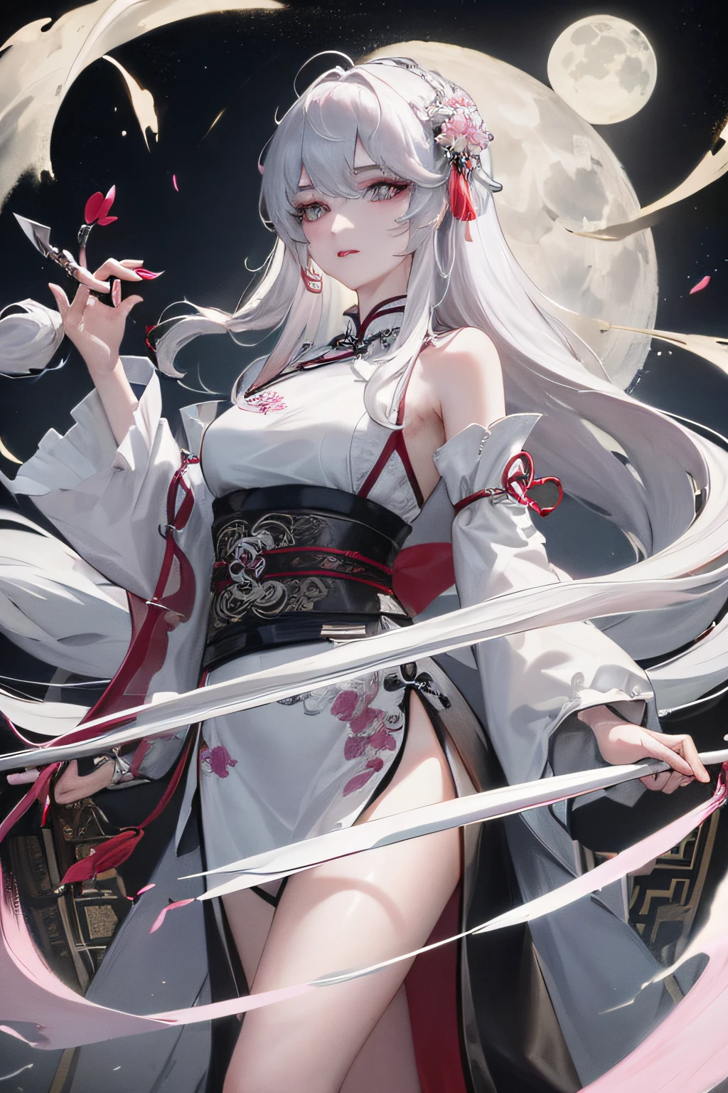 8K, Masterpiece, Best quality, Night, full moon, 1 girl, Chinese style, Chinese architecture, Mature woman, sister, Silver white long haired woman, Long hair, Light pink lips, calm, logical, bangs, Gray pupils, assassins, Fan, Knife fan, petal dancing, Delicate face,