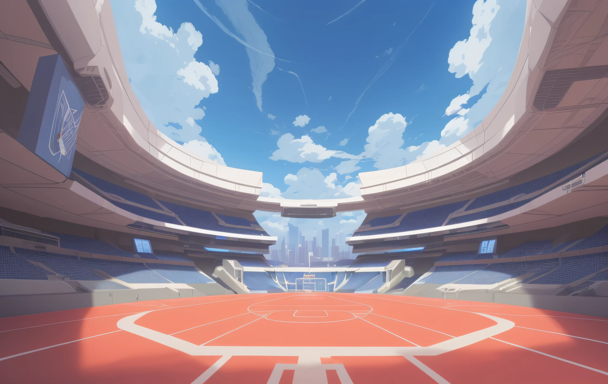 arafed view of a stadium with a basketball court and a sky background, arena background, futuristic sport arena, volley court background, in a futuristic arena, anime scenery concept art, anime background art, background art, futuristic setting, stadium landscape, in the middle of an arena, cool skydome, futuristic environment, clean concept art, official concept art