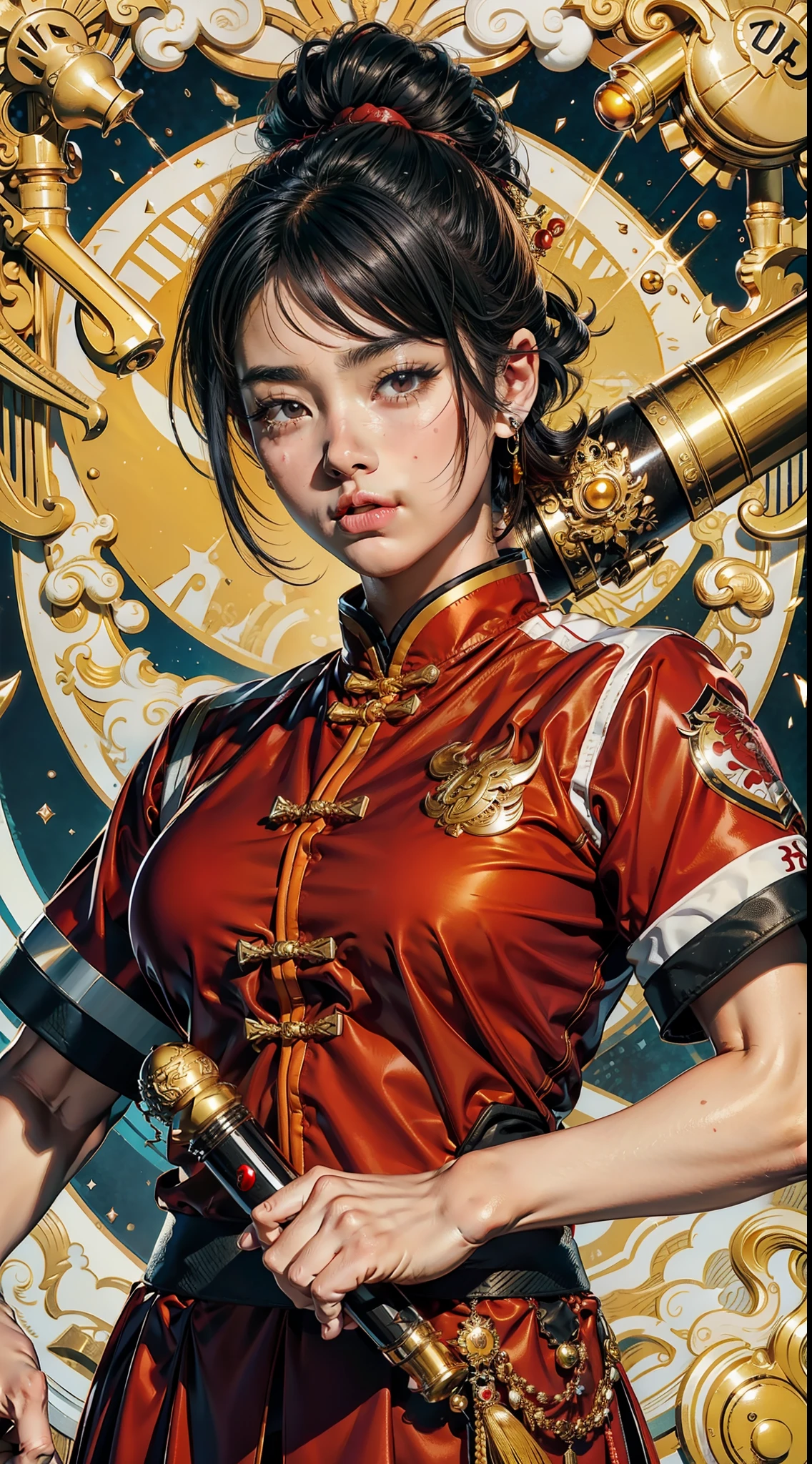 A cute Chinese fat boy,Red baseball uniform,With a huge mace in his hand,with short black hair,HD close-up of face,pupil realistic,Long flowing yellow hair,Side Body,Big breasts sharp focus,depth of fields,ultra cute,tmasterpiece,ultra - detailed,Textured skin,超高分辨率,
