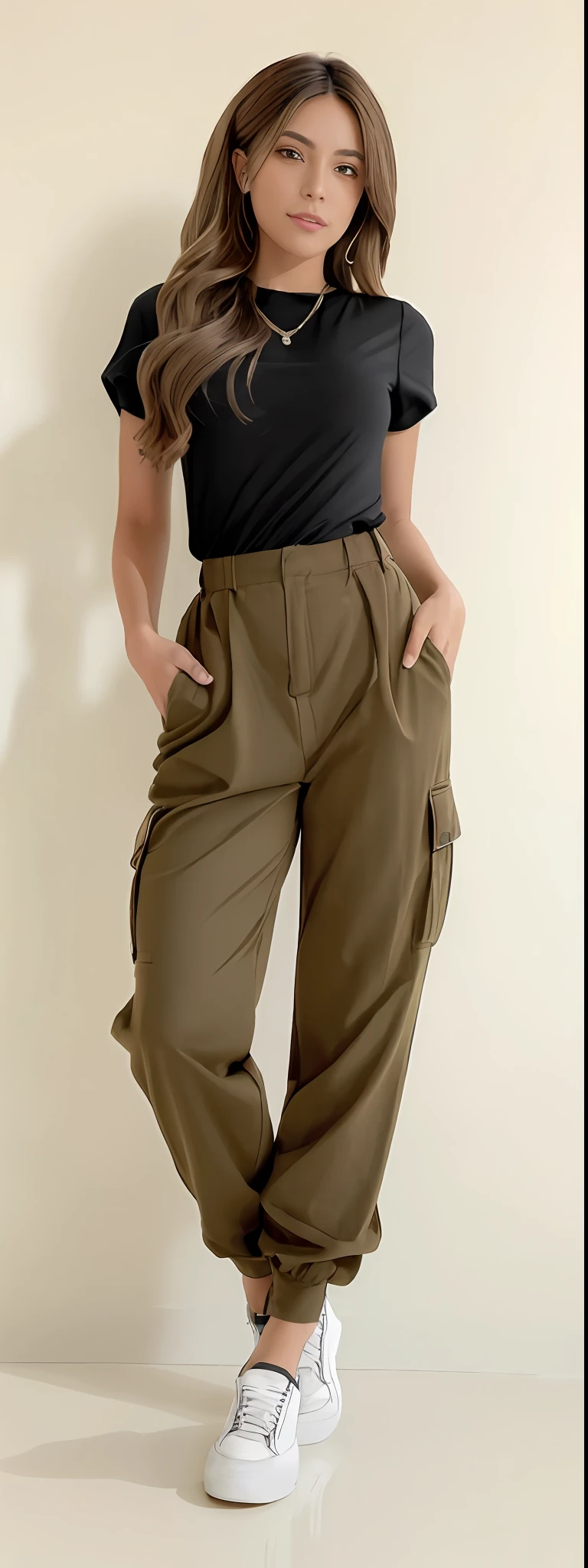 A beautiful woman in a black top and brown pants posing for a photo, brown pants, high waist sweatpants, baggy pants, Pants, cargo pants, com dois bolsos frontais, Khakis, so shorts, Olive green pants, with his hands in his pockets, wearing pants, Hands in pockets, Comfortable, toupeira, large pants, tiro do meio cintura para cima, roupas marrons, Directed by: Lee Jeffreis