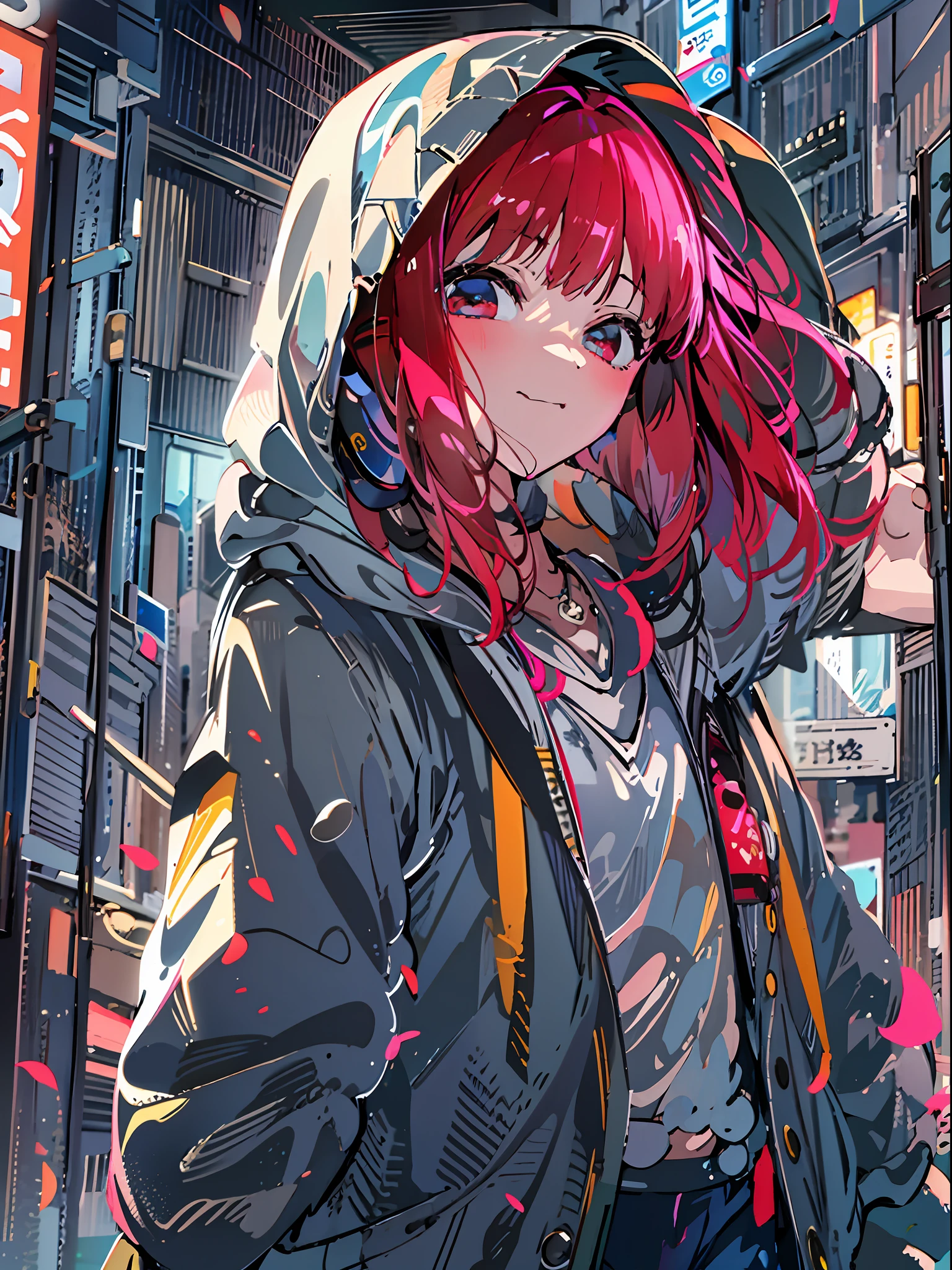 8K分辨率、((top-quality))、((masterpiece))、((ultra-detailliert))、1 woman、独奏、incredibly absurdness、Oversized hoodies、headphones、Street、plein air、Rain at night、neons、Shortcut Hair、Brightly colored eyes、Hands in pockets、shortpants、water dripping、red hairs、Bob Hair