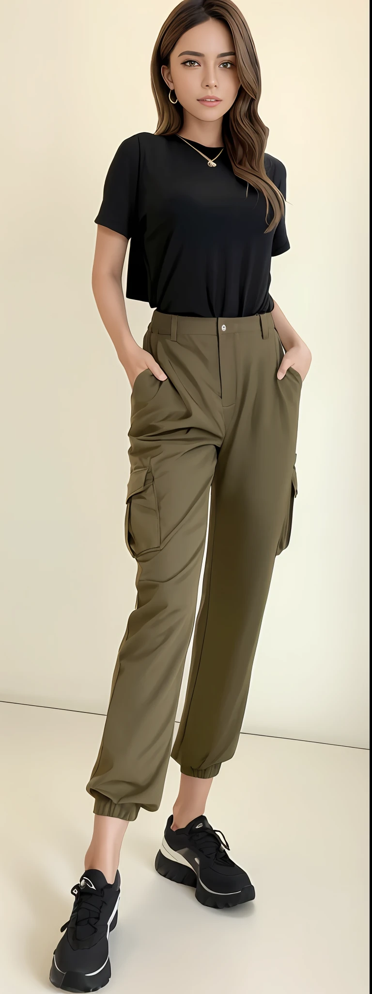 A beautiful woman in a black top and brown pants posing for a photo, brown pants, high waist sweatpants, baggy pants, Pants, cargo pants, com dois bolsos frontais, Khakis, so shorts, Olive green pants, with his hands in his pockets, wearing pants, Hands in pockets, Comfortable, toupeira, large pants, tiro do meio cintura para cima, roupas marrons, Directed by: Lee Jeffreis