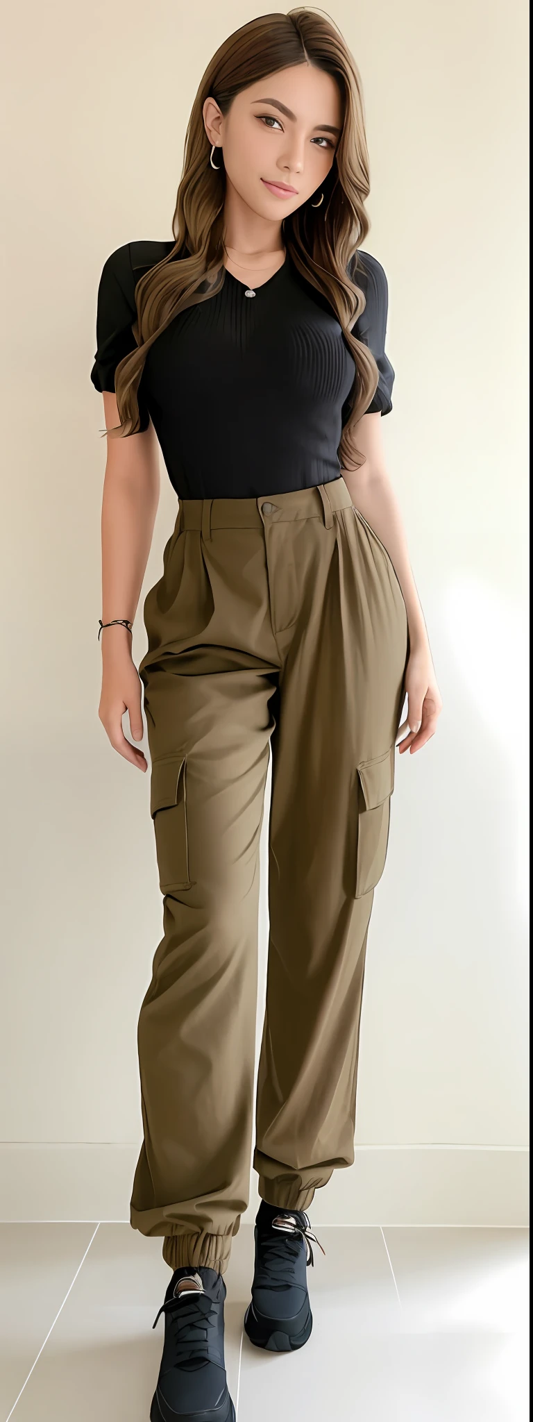 A beautiful woman in a black top and brown pants posing for a photo, brown pants, high waist sweatpants, baggy pants, Pants, cargo pants, com dois bolsos frontais, Khakis, so shorts, Olive green pants, with his hands in his pockets, wearing pants, Hands in pockets, Comfortable, toupeira, large pants, tiro do meio cintura para cima, roupas marrons, Directed by: Lee Jeffreis