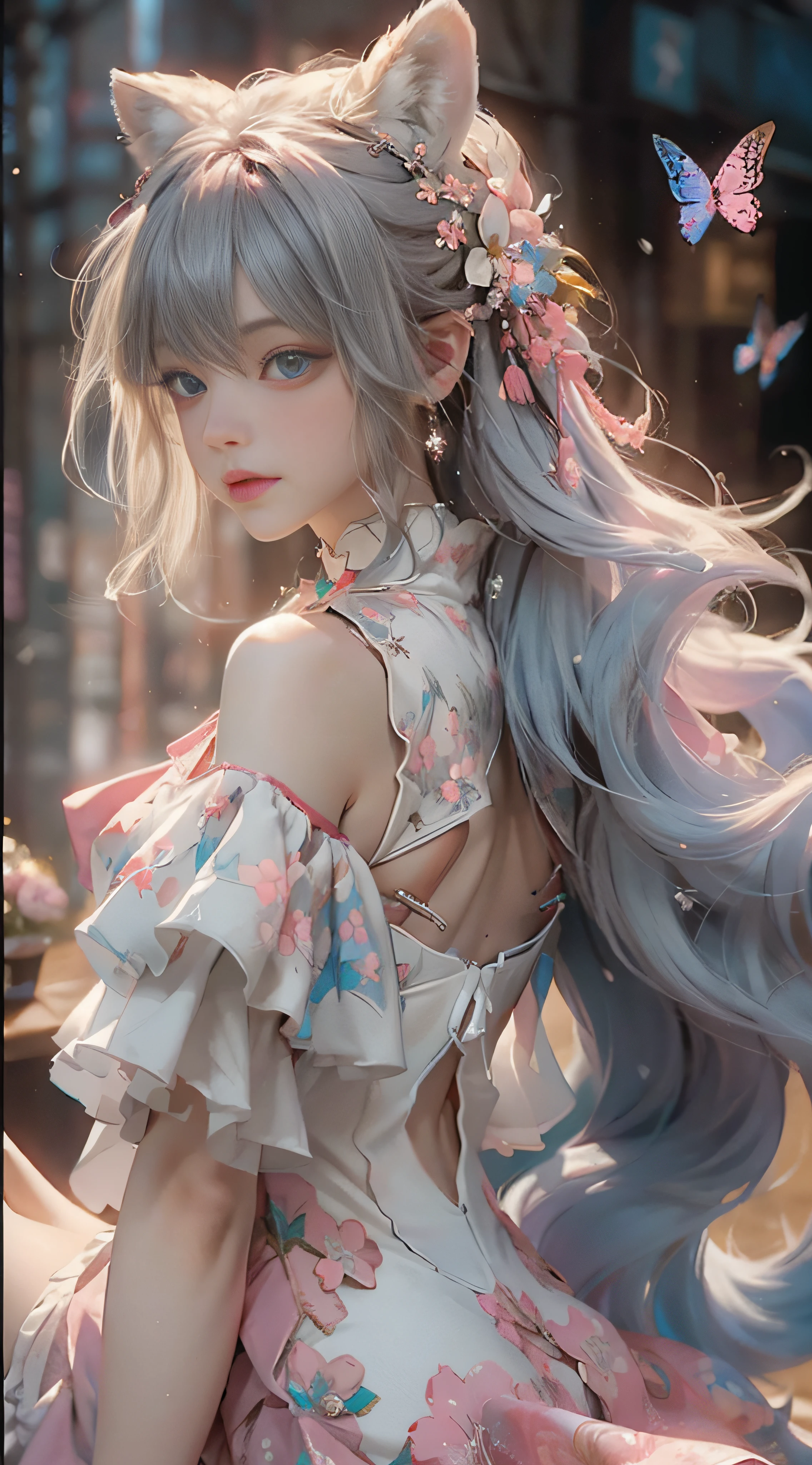 ((best qualtiy)), ((tmasterpiece)), (detail:1.4), Beautiful cyberpunk female images,hdr(HighDynamicRange),Ray traching,NVIDIA RTX,Hyper-Resolution,illusory 5,sub surface scattering,PBR textures,post-proces,Anisotropy Filtering,depth of fields,maximum definition and sharpness,Many-Layer Textures,Albedo e mapas Speculares,Surface coloring,Mitsu-Accurate simulation of material interactions,perfectly proportioned,rendering by octane,Two-colored light,largeaperture,Low ISO,White balance,Rule three points、8K raw data、Beautiful bright blue pupils,off-the-shoulder clothes,Fine pupils,Delicate face and eyes,long eyelasher,Blushlush,Delicate and fluffy hair,pink lip,Pure,Cute face,Sweet girl,Artistic sense,Casual wear,Advancedsense,butterflys,Cherry blossom petal,Beautiful hair accessories,Long hair and waist,Hair fluttering in the wind,Snow-white fox ears,curlies,Snow-white fluffy tail,Positive light,The light from the back window is backlighted