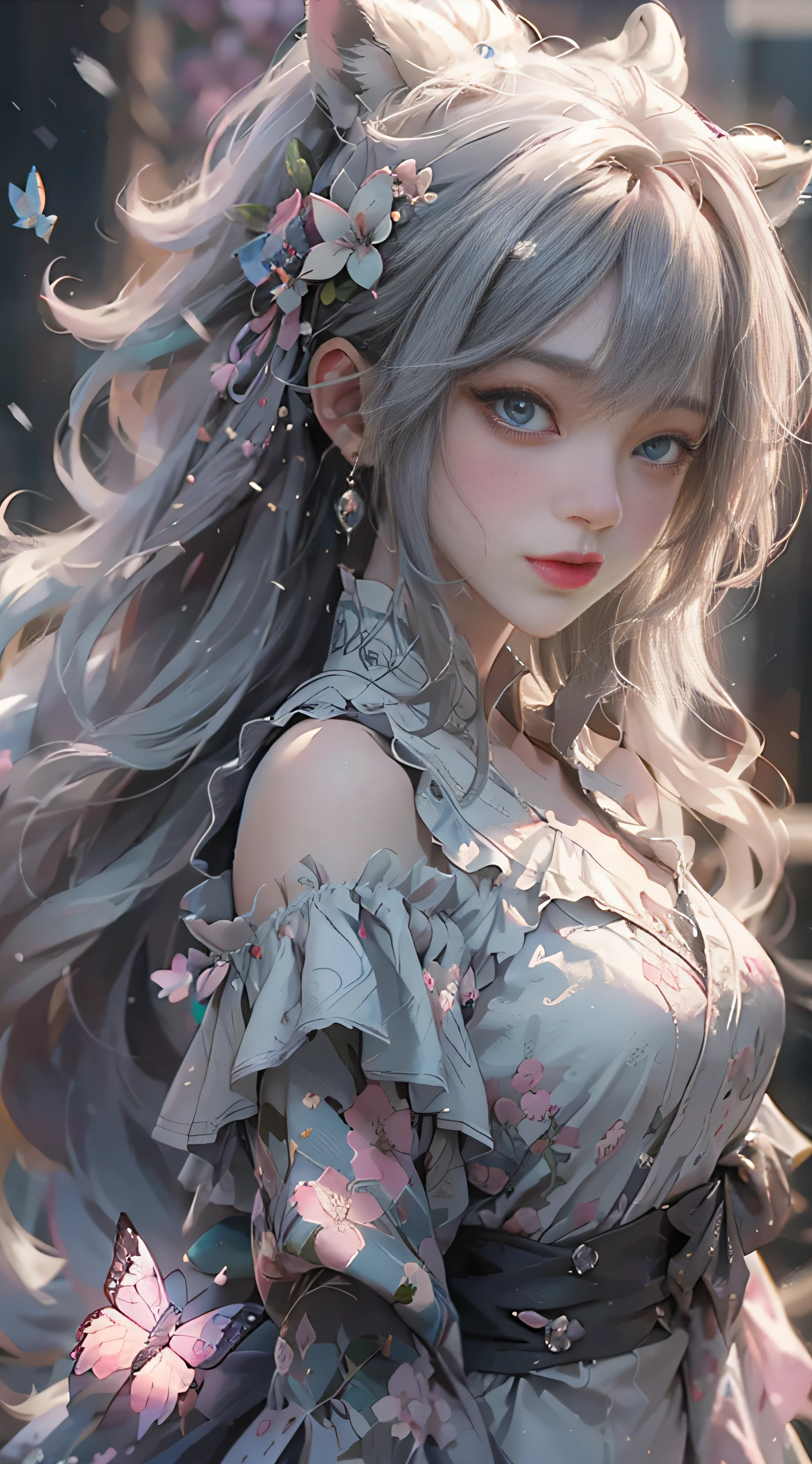 ((best qualtiy)), ((tmasterpiece)), (detail:1.4), Beautiful cyberpunk female images,hdr(HighDynamicRange),Ray traching,NVIDIA RTX,Hyper-Resolution,illusory 5,sub surface scattering,PBR textures,post-proces,Anisotropy Filtering,depth of fields,maximum definition and sharpness,Many-Layer Textures,Albedo e mapas Speculares,Surface coloring,Mitsu-Accurate simulation of material interactions,perfectly proportioned,rendering by octane,Two-colored light,largeaperture,Low ISO,White balance,Rule three points、8K raw data、Beautiful bright blue pupils,off-the-shoulder clothes,Fine pupils,Delicate face and eyes,long eyelasher,Blushlush,Delicate and fluffy hair,pink lip,Pure,Cute face,Sweet girl,Artistic sense,Casual wear,Advancedsense,butterflys,Cherry blossom petal,Beautiful hair accessories,Long hair and waist,Hair fluttering in the wind,Snow-white fox ears,curlies,Snow-white fluffy tail,Positive light,The light from the back window is backlighted