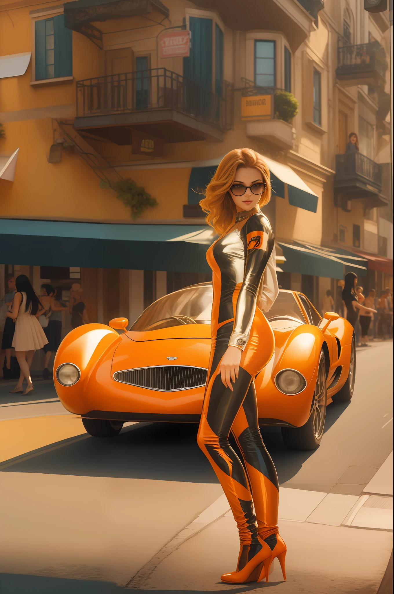 A captivating image of a young orange catwoman on a bustling summer street. Her attire reflecting her bewitching, gentle personality. The vibrant colors of the clothing and the gleaming surfaces of the behinde sports car add an element of speed and excitement. The background is blurred, emphasizing the young woman's beauty. wide aperture, standard lens, fast shutter speed