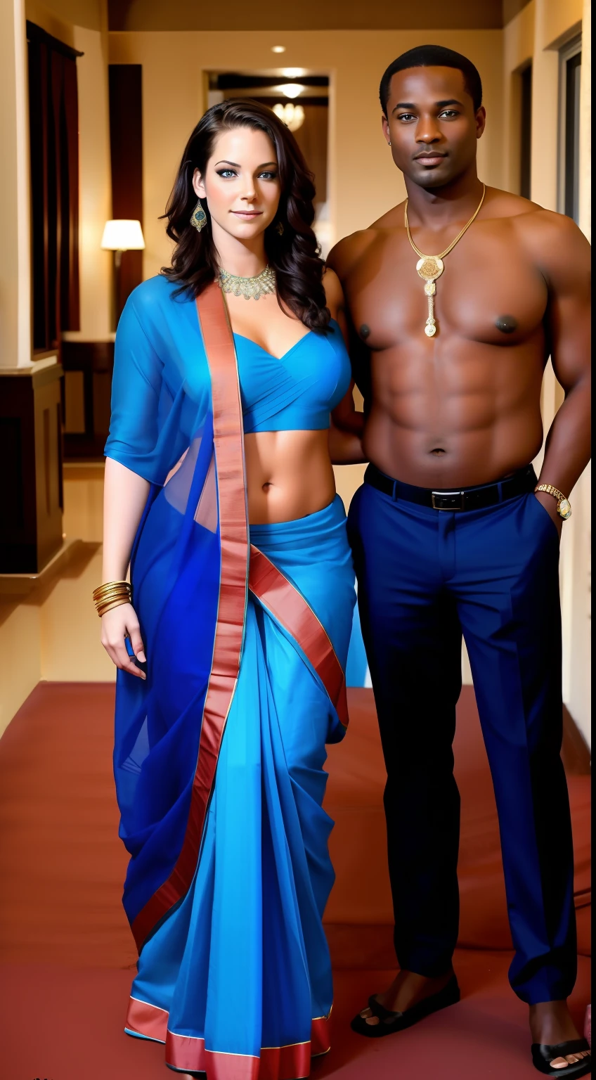 "Porn American actress Kristen Scott gracefully adorned in a stunning blue Indian saree without bra showing breast, accompanied by a dashing African-American man . Both are posing in camera. Camera focused on them. Full body visible in photo