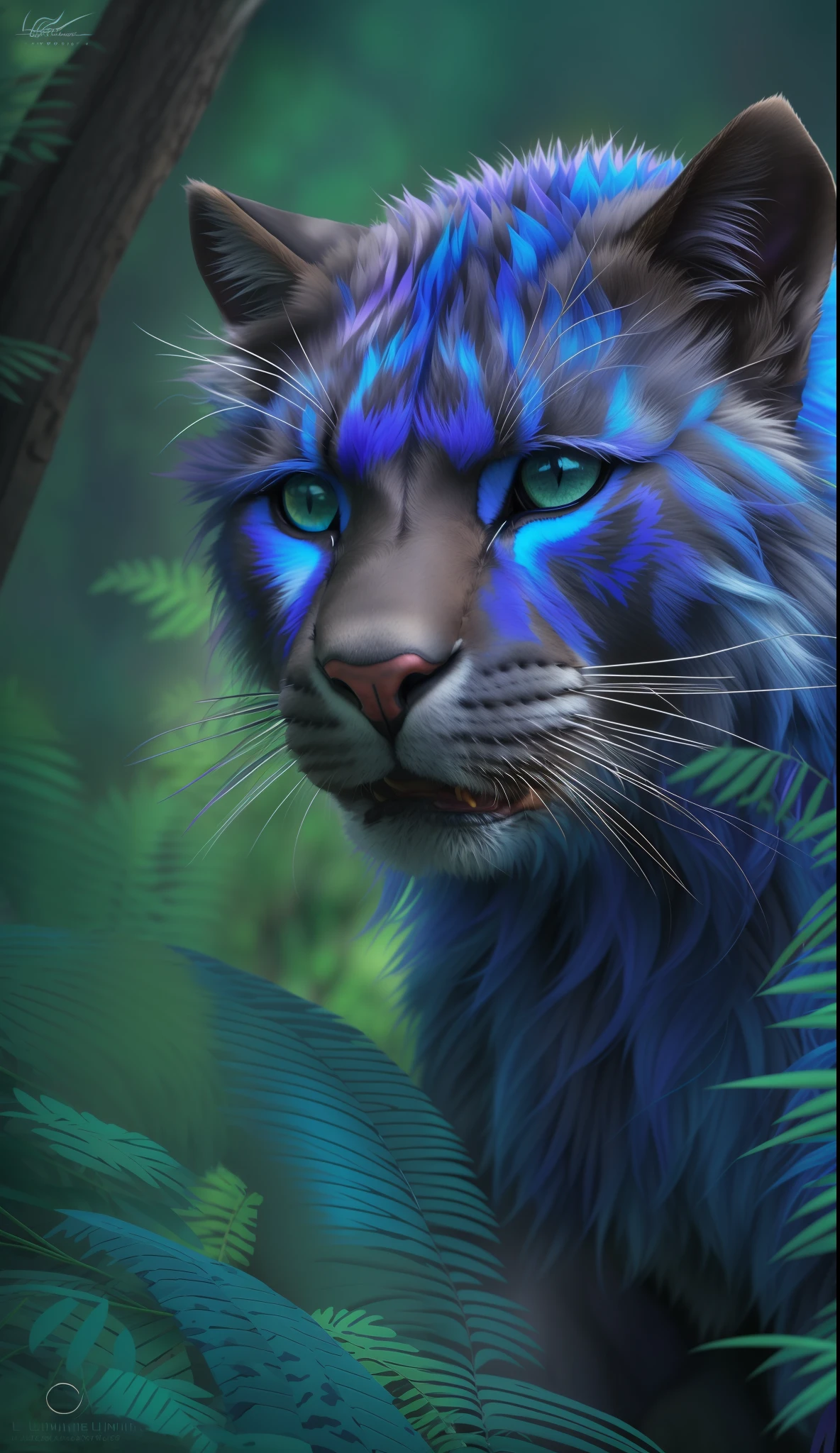 bismuth 1panther, whiskers, 1mammal,1 male, solo, fur, blue fur, feral, felid, realistic, blue luminescene body, hi res, luminescene fur, detailed fur, looking at viewer, black nose, camouflage, APEX predator