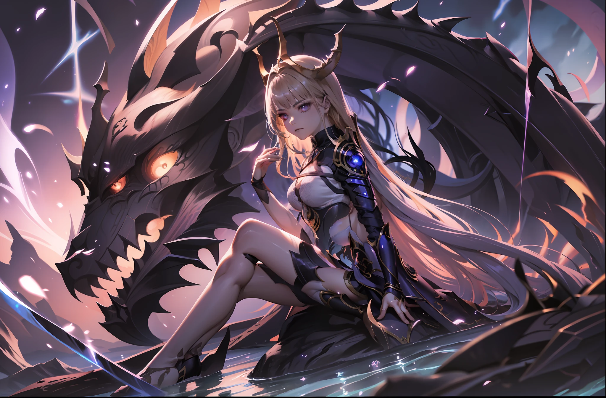 anime girl with sword and dragon in background, anime fantasy artwork, anime fantasy illustration, badass anime 8 k, anime art wallpaper 4 k, anime art wallpaper 4k, 2. 5 d cgi anime fantasy artwork, anime art wallpaper 8 k, detailed digital anime art, beautiful fantasy anime, anime epic artwork, 4k anime wallpaper, detailed anime artwork, sexy, sexy, big boobs, women, A queen is sitting on a throne in the underwater palace, anime style , dragon girl, amor dragon, blade dragon, dragon wings , (masterpiece, best quality, ultra-detailed, best shadow), (detailed background,dark fantasy), (beautiful detailed face), high contrast, (best illumination, an extremely delicate and beautiful), ((cinematic light)), colorful, hyper detail, dramatic light, intricate details, (1 girl, solo, sharp face, . Blonde hair,super long hair, thin bangs hime cut, long lashes,dynamic angle), blood splatter, swirling black light around the character, depth of field,black light particles,(broken glass),magic circle