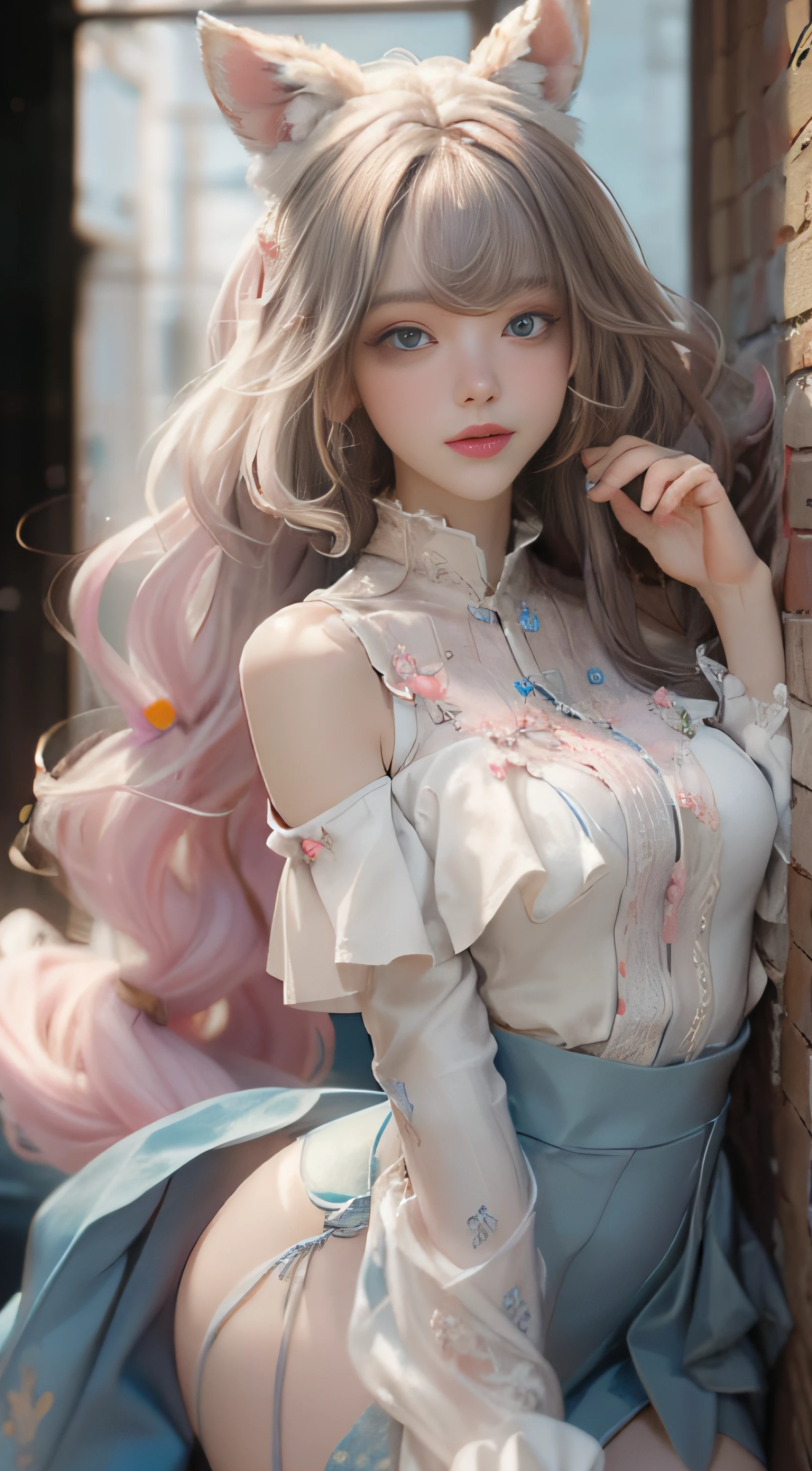 ((best qualtiy)), ((tmasterpiece)), (detail:1.4), Beautiful cyberpunk female images,hdr(HighDynamicRange),Ray traching,NVIDIA RTX,Hyper-Resolution,illusory 5,sub surface scattering,PBR textures,post-proces,Anisotropy Filtering,depth of fields,maximum definition and sharpness,Many-Layer Textures,Albedo e mapas Speculares,Surface coloring,Mitsu-Accurate simulation of material interactions,perfectly proportioned,rendering by octane,Two-colored light,largeaperture,Low ISO,White balance,Rule three points、8K raw data、Beautiful bright blue pupils,off-the-shoulder clothes,Fine pupils,Delicate face and eyes,long eyelasher,Blushlush,Delicate and fluffy hair,pink lip,Pure,Cute face,Sweet girl,Artistic sense,Casual wear,Advancedsense,butterflys,Cherry blossom petal,Beautiful hair accessories,Long hair and waist,Hair fluttering in the wind,Snow-white fox ears,curlies,Snow-white fluffy tail,Positive light,The light from the back window is backlighted