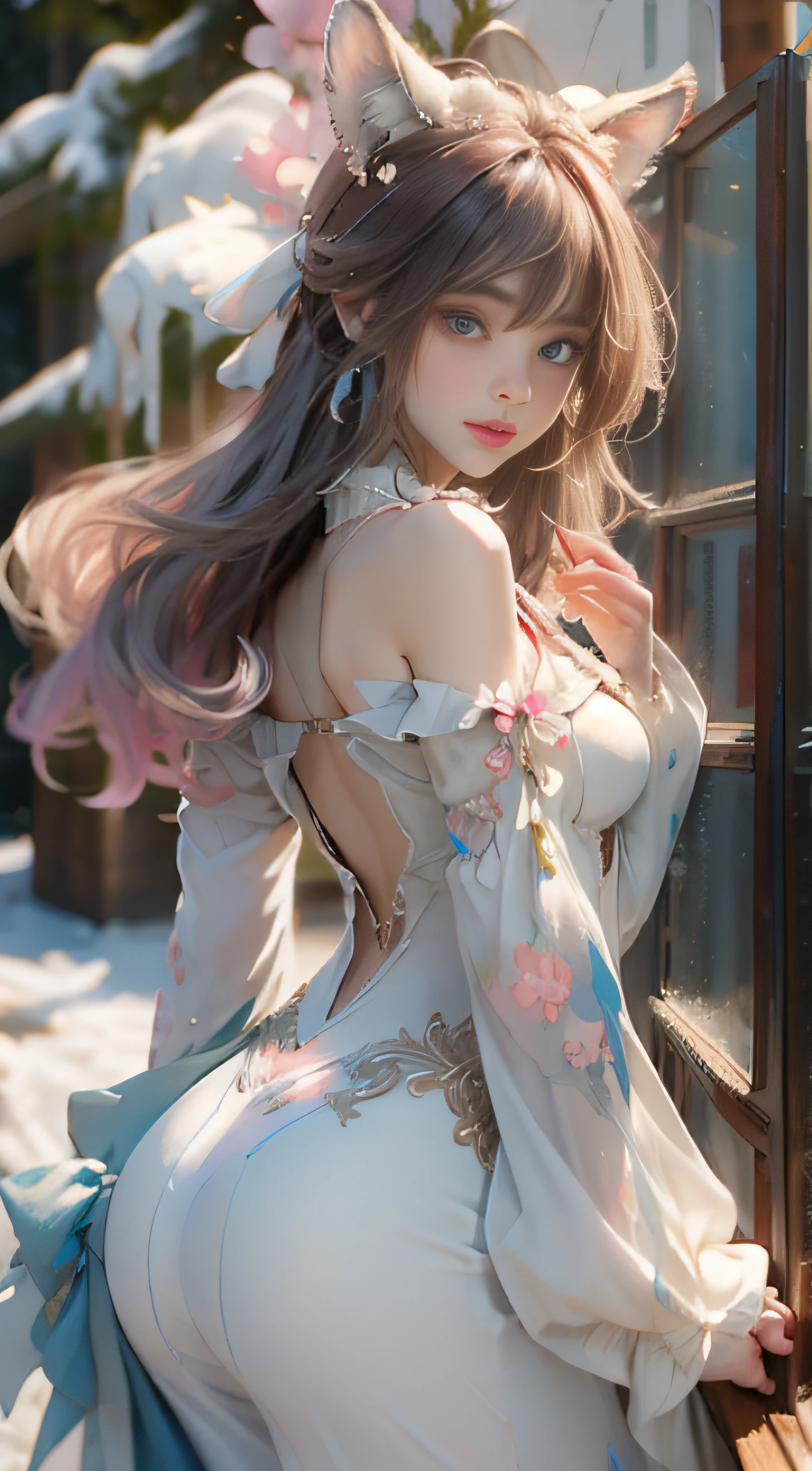 （（best qualtiy））， （（tmasterpiece））， （detail：1.4）， Beautiful cyberpunk female images，hdr（HighDynamicRange），Ray traching，NVIDIA RTX，Hyper-Resolution，illusory 5，sub surface scattering，PBR textures，post-proces，Anisotropy Filtering，depth of fields，maximum definition and sharpness，Many-Layer Textures，Albedo e mapas Speculares，Surface coloring，Mitsu-Accurate simulation of material interactions，perfectly proportioned，rendering by octane，Two-colored light，largeaperture，Low ISO，White balance，Rule three points、8K raw data、Beautiful bright blue pupils，off-the-shoulder clothes，Fine pupils，Delicate face and eyes，long eyelasher，Blushlush，Delicate and fluffy hair，pink lip，Pure，Cute face，Sweet girl，Artistic sense，Casual wear，Advancedsense，butterflys，Cherry blossom petal，Beautiful hair accessories，Long hair and waist，Hair fluttering in the wind，Snow-white fox ears，curlies，Snow-white fluffy tail，Positive light，The light from the back window is backlighted