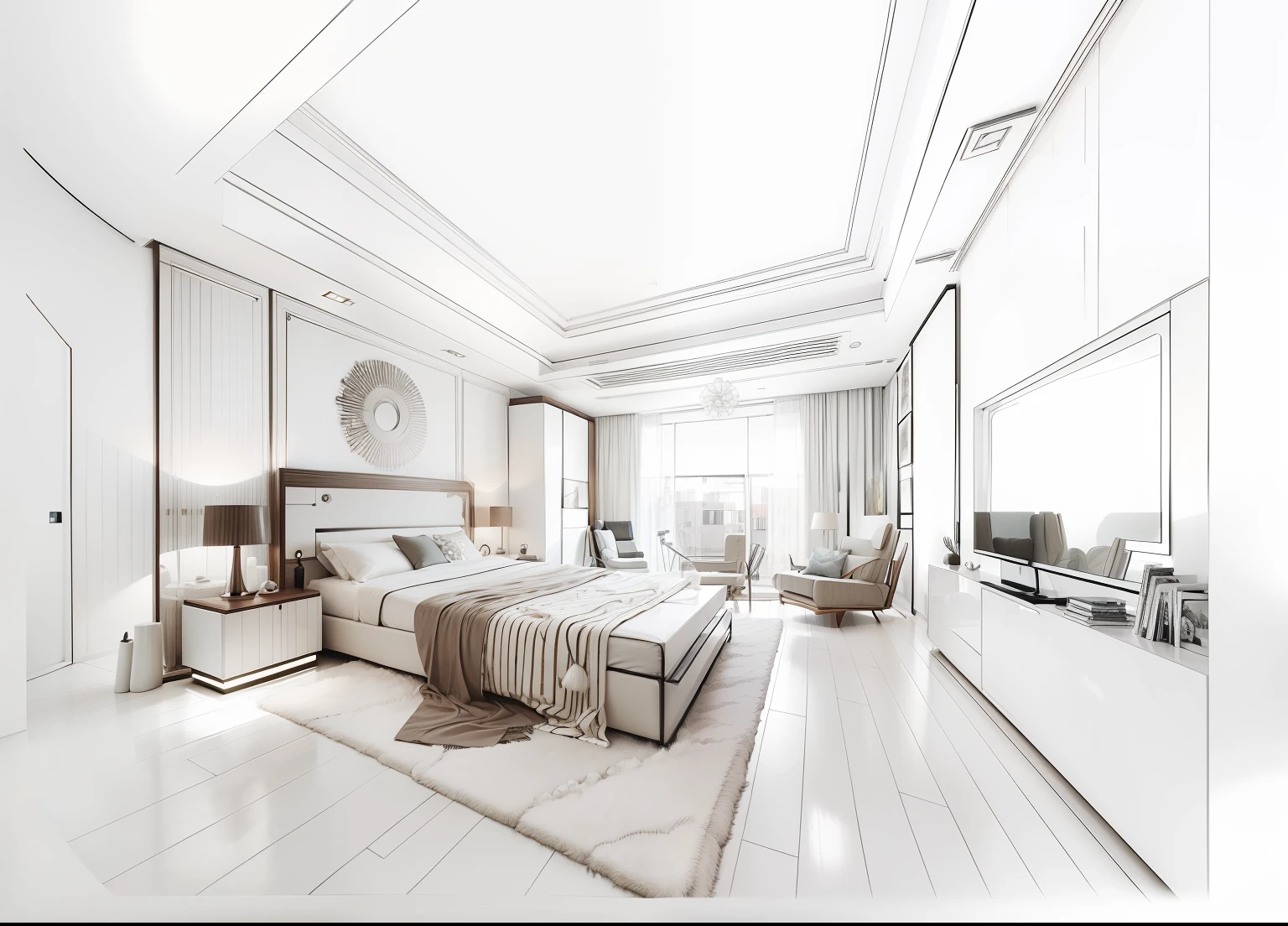 living room, modernism, hyper-realistic design, bedroom, sofa, open view, interior design, digital, illustration, architecture, home, peaceful, beautiful, cozy.