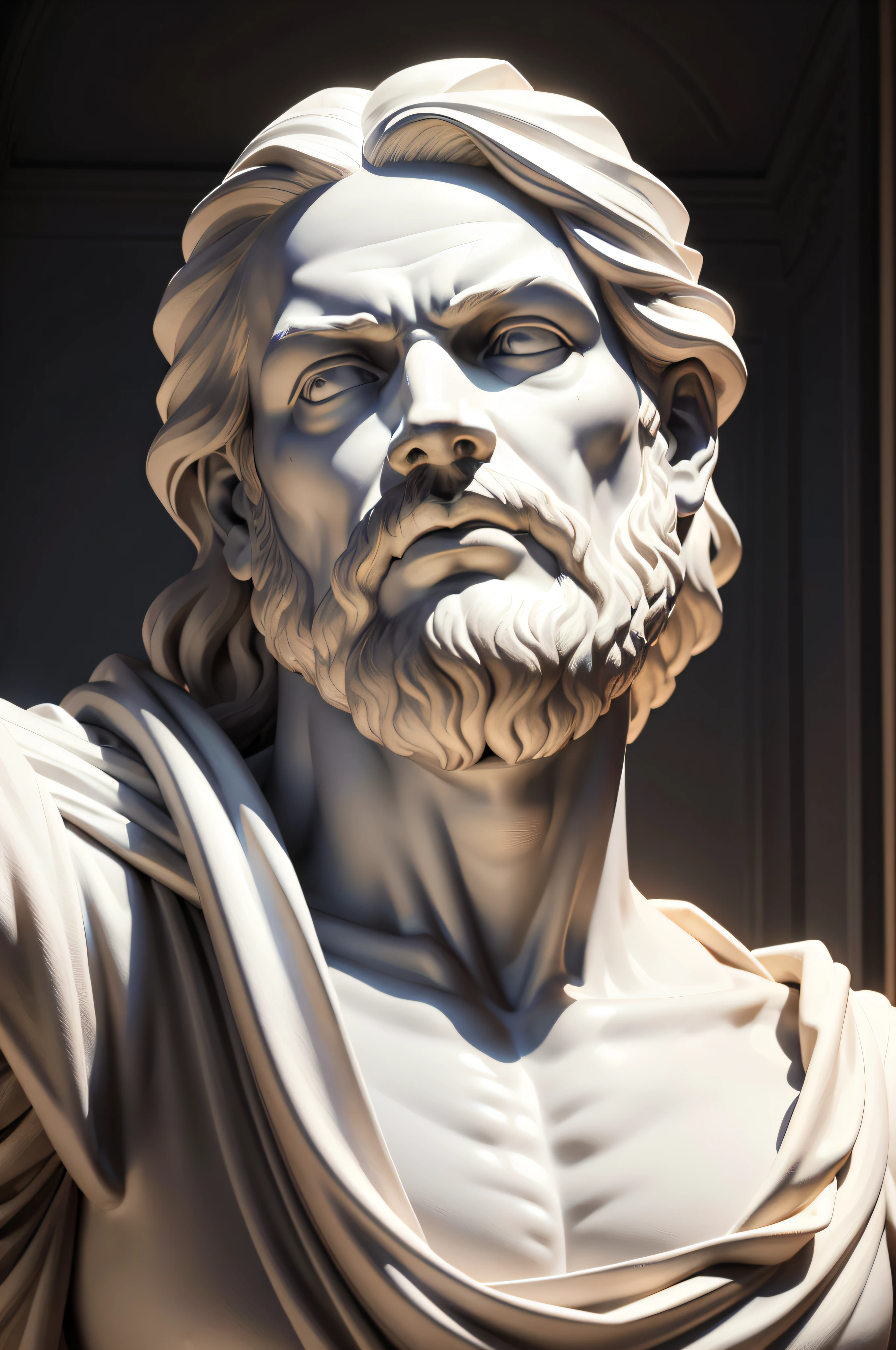 A realistic Greek white marble statue of socrates bravo scary detailed wearing a ghostly toga, fundo neutro, Moody, , fotorrealista, Scary Movie Dinner, super detalhada, hiper realista, luzes brilhantes, 8 K