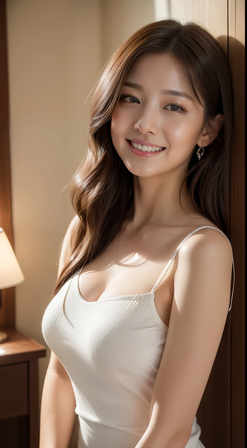 ((top-quality、8K、​masterpiece:1.3))、1girl in、A smile、The upper part of the body、Slim Faces、Pretty women、(dark brown  hair)、Wearing a white cutter shirt、camisole:1.4、Panties for the lower body、hyperdetailed face、A detailed eye、二重まぶた、Bedroom in the room、natta、indirect lighting