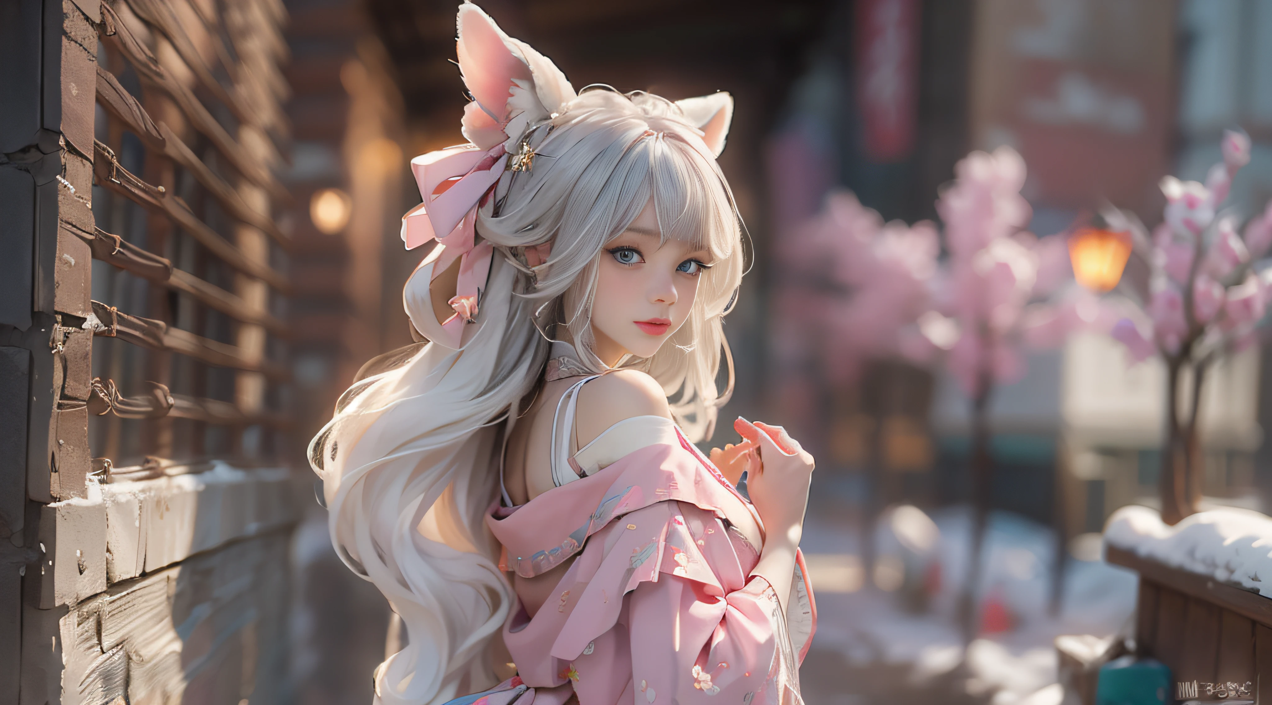 （（best qualtiy））， （（tmasterpiece））， （detail：1.4）， Beautiful cyberpunk female images，hdr（HighDynamicRange），Ray traching，NVIDIA RTX，Hyper-Resolution，illusory 5，sub surface scattering，PBR textures，post-proces，Anisotropy Filtering，depth of fields，maximum definition and sharpness，Many-Layer Textures，Albedo e mapas Speculares，Surface coloring，Mitsu-Accurate simulation of material interactions，perfectly proportioned，rendering by octane，Two-colored light，largeaperture，Low ISO，White balance，Rule three points、8K raw data、Beautiful bright blue pupils，off-the-shoulder clothes，Fine pupils，Delicate face and eyes，long eyelasher，Blushlush，Delicate and fluffy hair，pink lip，Pure，Cute face，Sweet girl，Artistic sense，Casual wear，Advancedsense，butterflys，Cherry blossom petal，Beautiful hair accessories，Long hair and waist，Hair fluttering in the wind，Snow-white fox ears，curlies，Snow-white fluffy tail，Positive light，The light from the back window is backlighted
