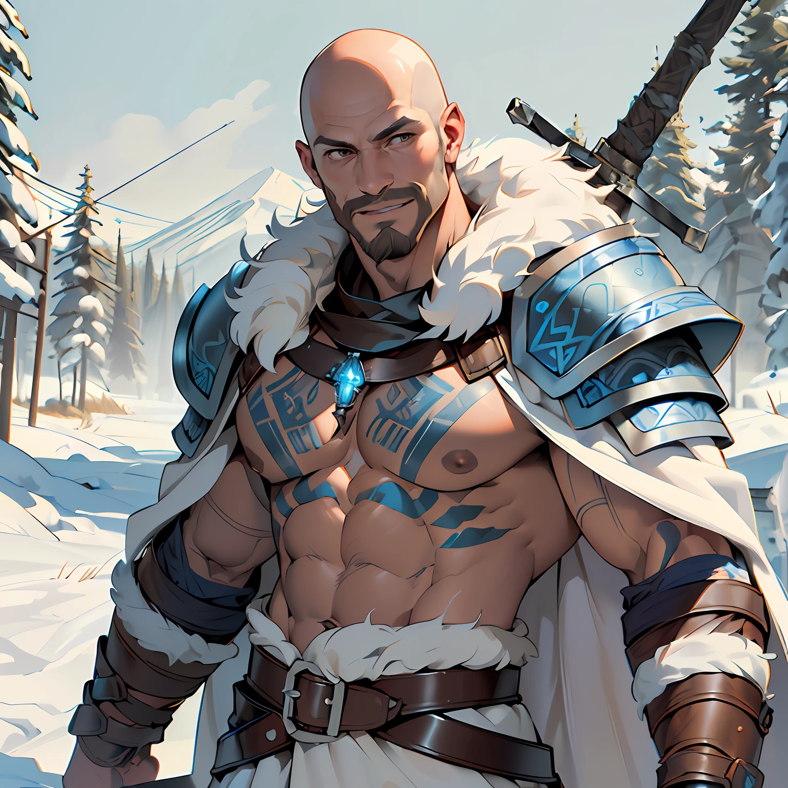 ((Cinematic light, Best quality, 8k, Masterpiece :1.3)), (extremely detailed:1.2), (extremely detailed face), (photorealistic:1.2), (ultra detailed), 8k, (((guy))), full body shot, close up muscular body, (light brown beard), light brown coloured facial hair, (((bald))),((no hair)), bright blue tribe tattoos, manwears warrior armors, (gentle smile), (look at viewer), fur, muscular, minotaur, (((white bear pelt leather coat))), ((leather armor)), runic tattoos,((glowing blue tattoos)), gentle demeanor, happy, soft facial features, brown eyes, fighting position , ((naked torso)), snowy background, ((long white fur cape)), (look at viewer), sword hilt on his back,