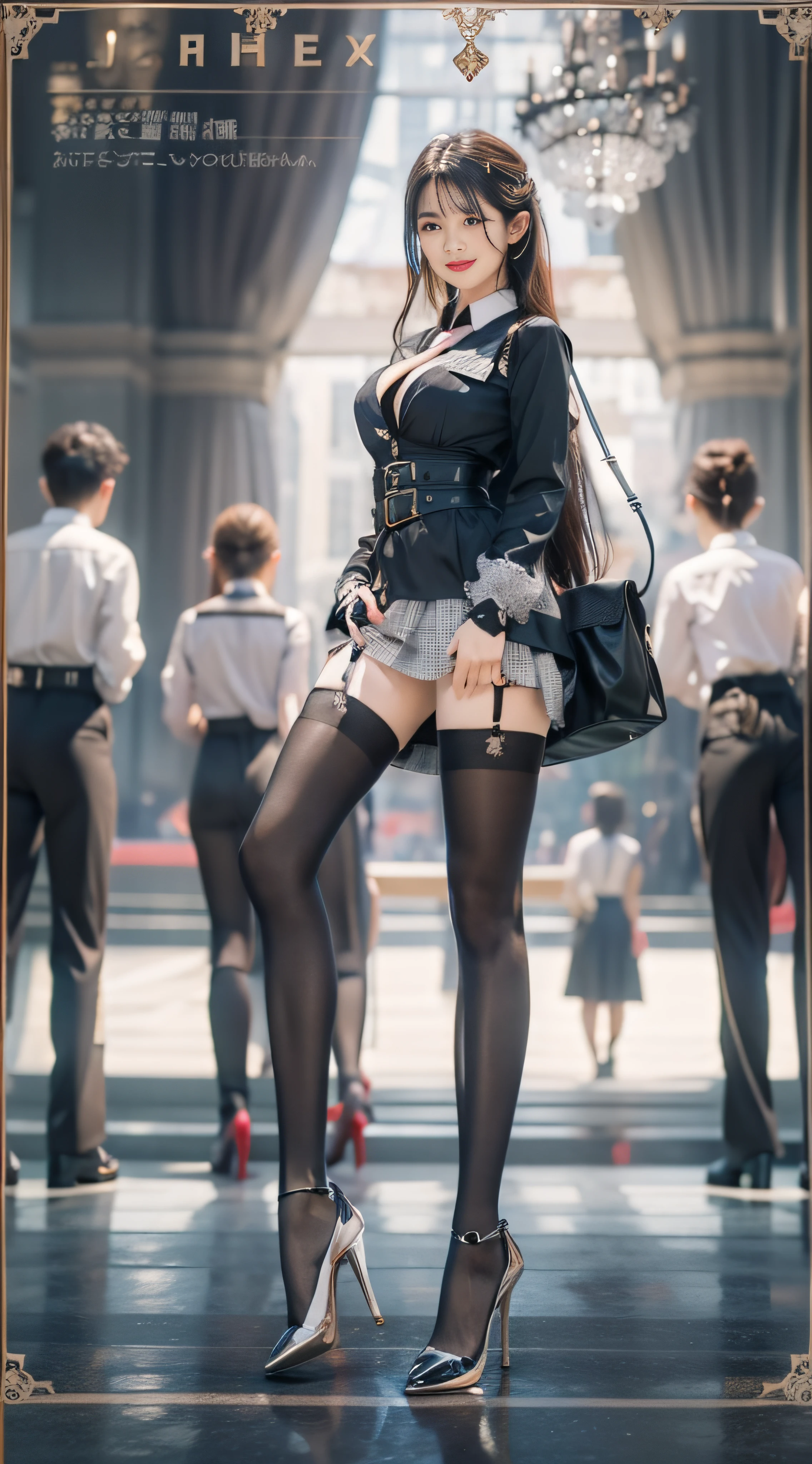 Student uniform，JK school uniform，痴女，huge tit，fat hips，thick leg，Big breasts Thin waist，Black clothing is not allowed，Must be a full-body photograph, （There is only one character：2）, Must have stockings and high heels, Must have extra-long gloves, Very many crystal gemstone jewelry, High-value jewelry, It is forbidden to appear men, Detailed and complex background, glittery, Light smile, reflective light, hyper HD, Award-Awarded, A high resolution, High detail, Chiaroscuro, Cinematic lighting, Negative space, Masterpiece, Anatomically correct, Textured skin, Super detail, High quality, High details, Best quality, 16k