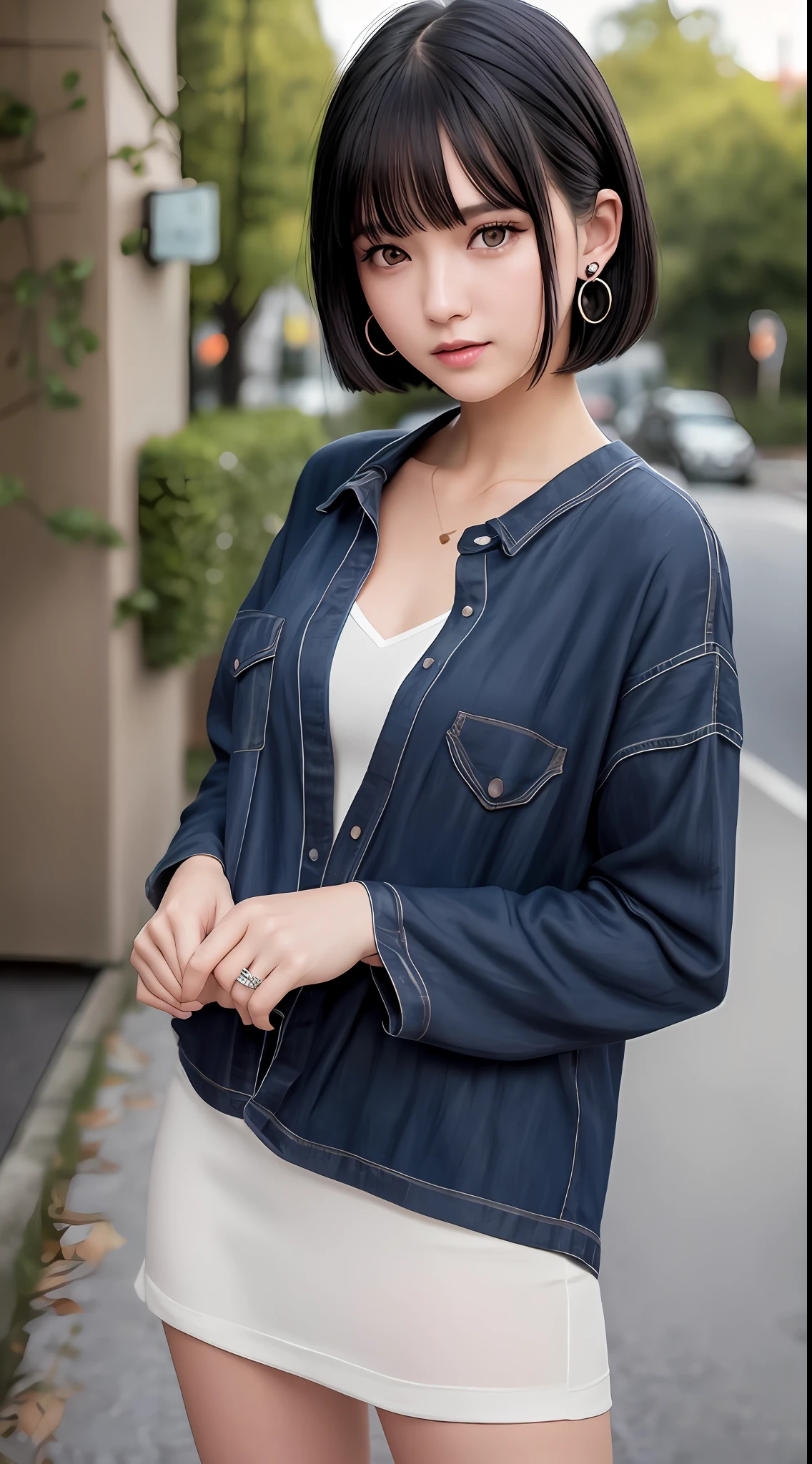 (RAW Photo: 1.2), (Photorealistic: 1.4), (Best Quality: 1.4), Ultra High Resolution, HDR, 8K Resolution, Dreamy, Commentary, Landscape, (No Text), Solo Focus, (Detailed Eyes), (Detailed Face), (Detailed Clothing Features), Skin Tight, (Shiny Skin), (SLF) Mender), (Slim), (Beauty Face), 1 Boy, Virtual Girl Ren Young, bangs, black hair, blue eyes, earrings, loose shirt, smile, embarrassed, cute, look straight at the camera,
