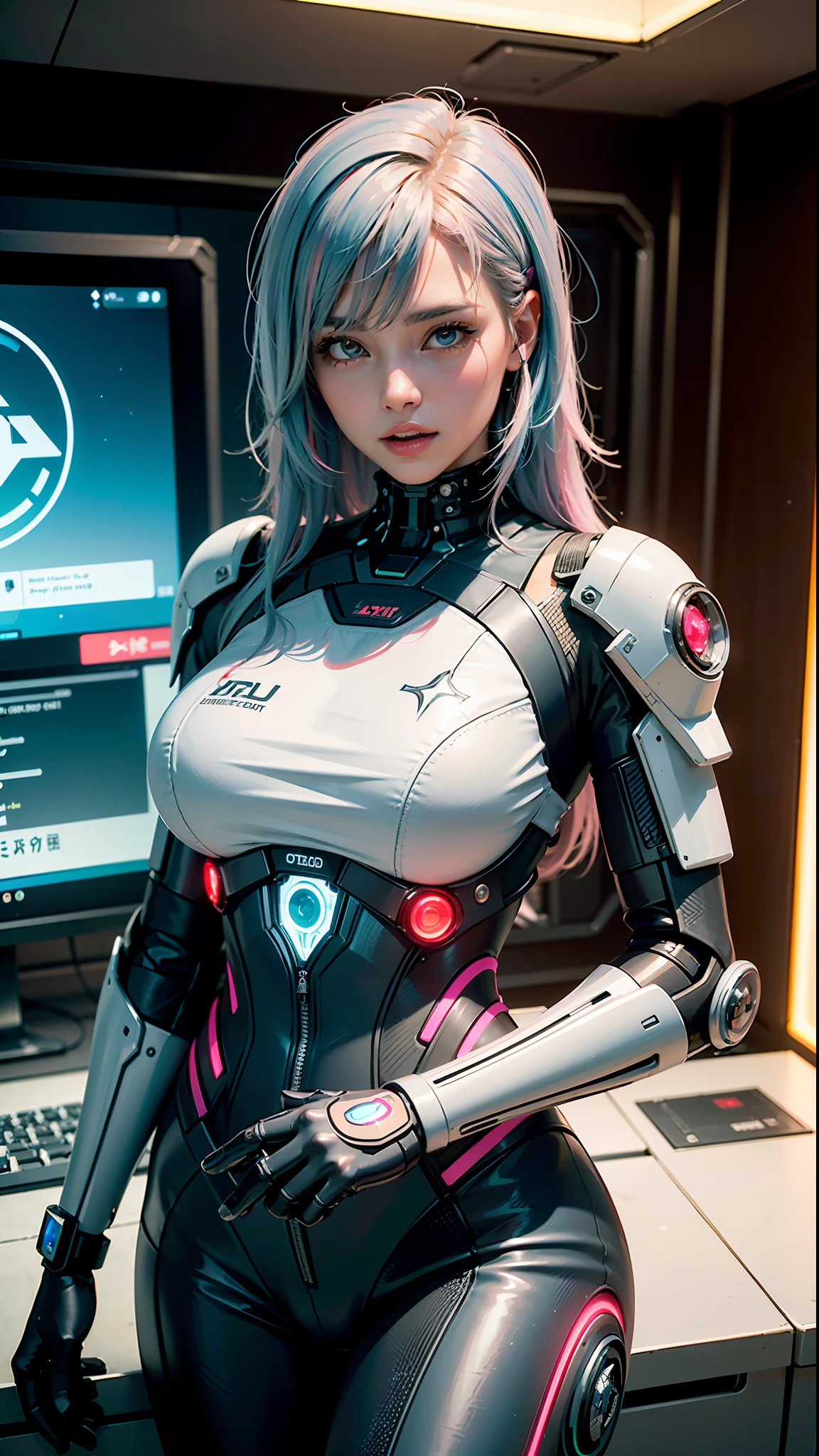 ((Best quality)), ((masterpiece)), (highly detailed:1.3), 3D, beautiful (cyberpunk:1.3) female hacker with thick voluminous hair operating a computer terminal, computer servers, LCD screens, fibre optic cables, corporate logos,HDR (High Dynamic Range),Ray Tracing,NVIDIA RTX,Super-Resolution,Unreal 5,Subsurface scattering,PBR Texturing,Post-processing,Anisotropic Filtering,Depth-of-field,Maximum clarity and sharpness,Multi-layered textures,Albedo and Specular maps,Surface shading,Accurate simulation of light-material interaction,Perfect proportions,Octane Render,Two-tone lighting,Low ISO,White balance,Rule of thirds,Wide aperature,8K RAW,Efficient Sub-Pixel,sub-pixel convolution,luminescent particles,