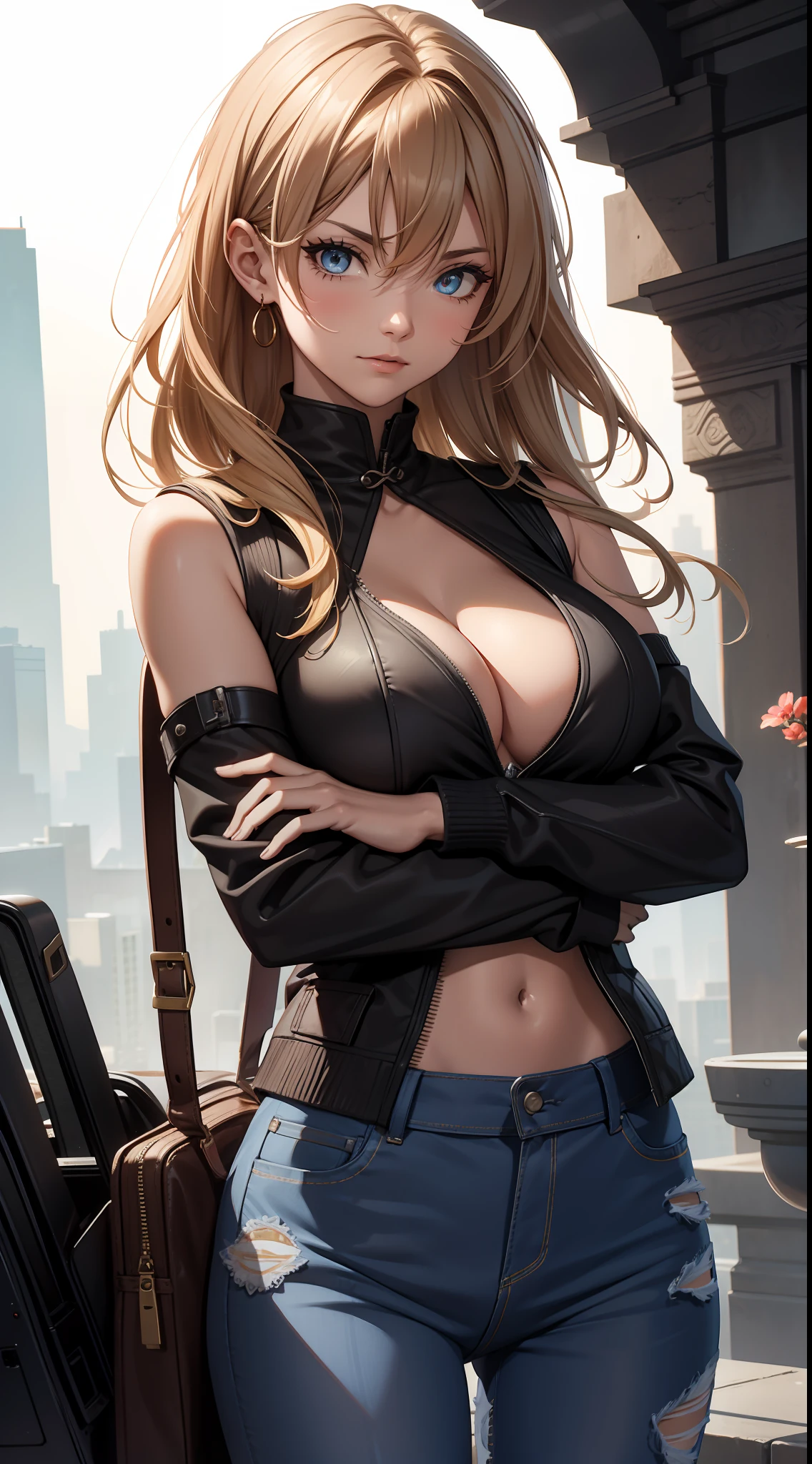 tmasterpiece, canyons,(precipice),(high detal:1 1), gallant woman,Rough face, Natural skin,cleavage, high qulity, Large breasts,musculature,Chinese Kung Fu,with short golden hair,tomb raidar,(Jeans 1.3),(Tight vest 1.5),NSFW, beautidful eyes, (Detailed face and eyes), (the face: 1 2), noises,Extra, real photograph, ...........PSD, Lamp film photography, sharp fokus, contrasty lighting, Delicate skin, High resolution 8K, insanely details, realisticlying, professional photoshooting, 8K UHD, SLR camera, softlighting, high high quality, filmgrain, Fujifilm XT3