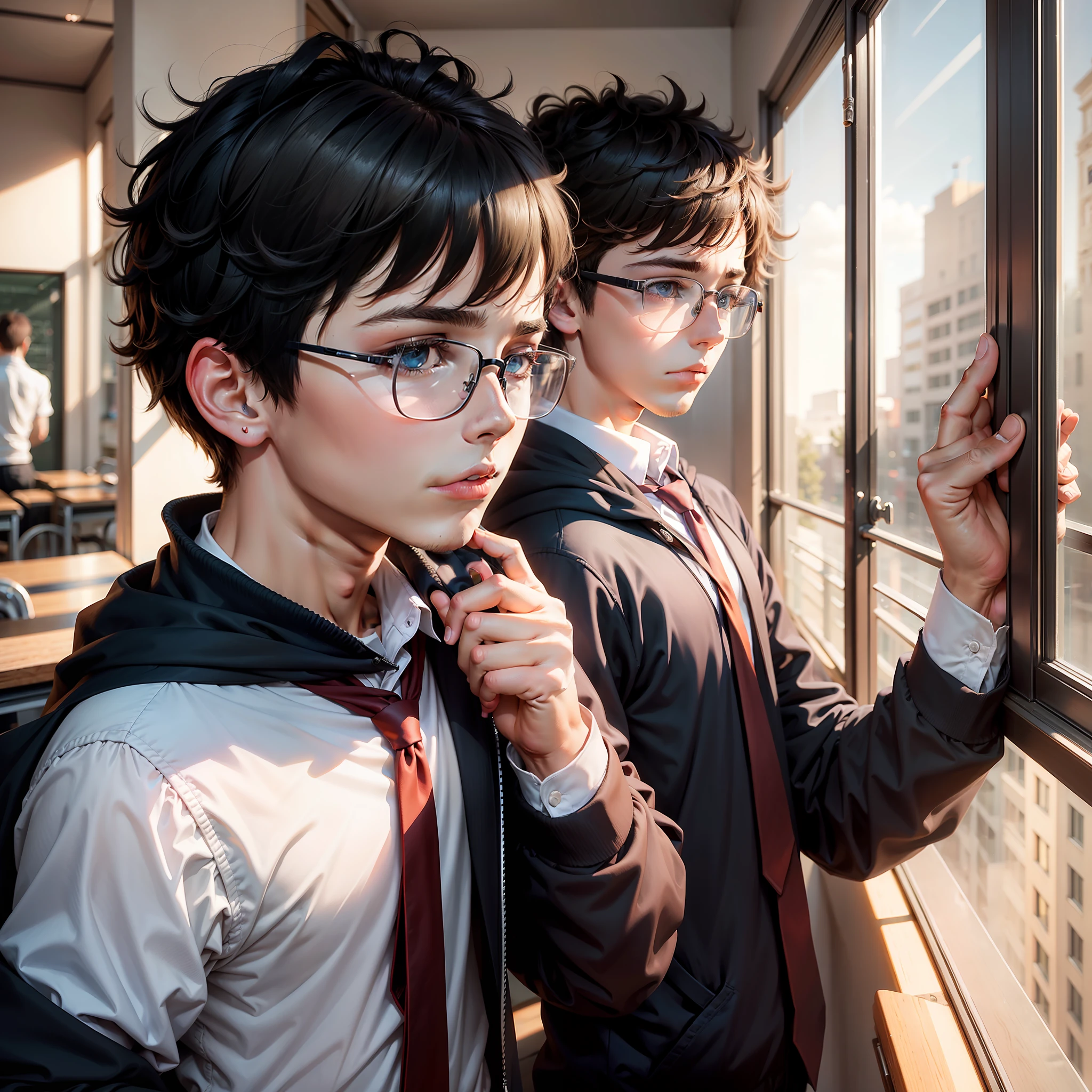 Libido boy，School style，only revealing his upper body，sideface，Looking out the window，Wear square glasses