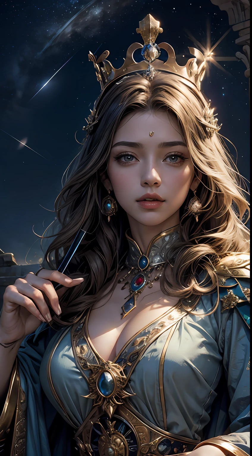 framed,tarot cards,border, tachi-e, (best images quality),(Extremely detailed description),1girll,Dressed in ancient queen costumes,(full bodyesbian),A brilliant scepter in your hand,Crown on head,(Very perfect figure),(Very detailed and perfect facial depiction),(Very detailed details of the face),Blue starry sky,(Very large moon close-up),Moonlight shines through the clouds,As estrelas(glitters),garments(blingbling),(tmasterpiece),(8k wallpaper),mito,Fantasy theme,ultra-realistic realism,realisticlying