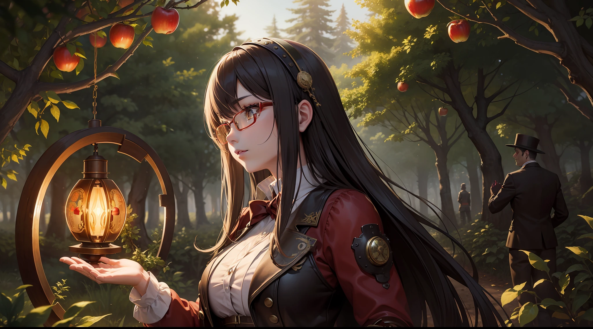 steampunk art, Apple orchard, A huge red apple in a coniferous forest, bokeh, glare, radiance, Fantasy elements, fairycore, High Resolution, image, Lovely
