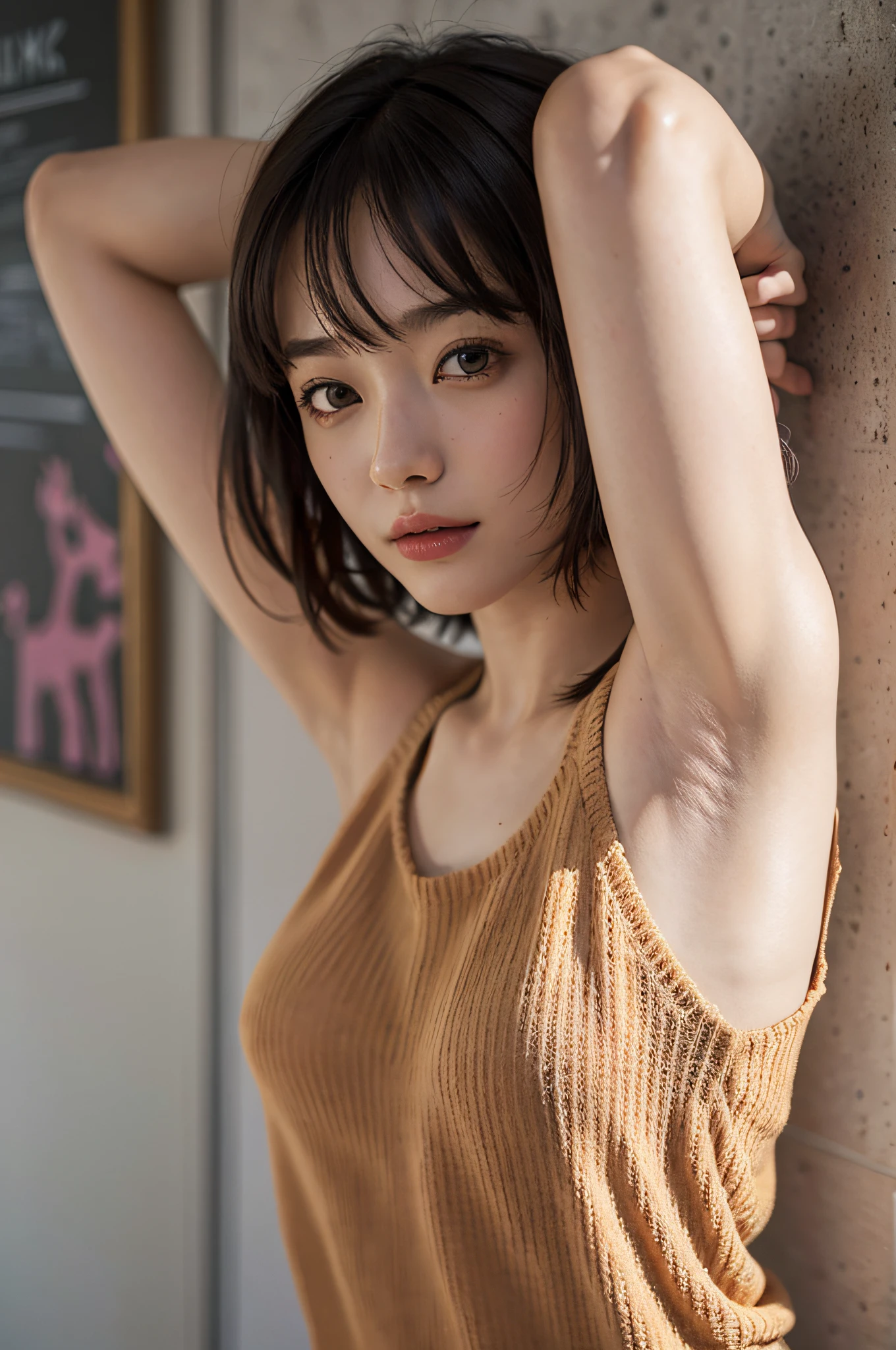 (A hyper-realistic), (illustratio), (hight resolution), (8K), (ighly detailed), (The best illustrations), (beatiful detailed eyes), (top-quality), (ultra-detailliert), (​masterpiece), (wall-paper), (详细的脸), 18 year old girl,Show beautiful armpits,Brown hair,Short or medium hair,Upper body only,Girl in a sleeveless sweater, japanes, Colossal tits, (camel's toe)