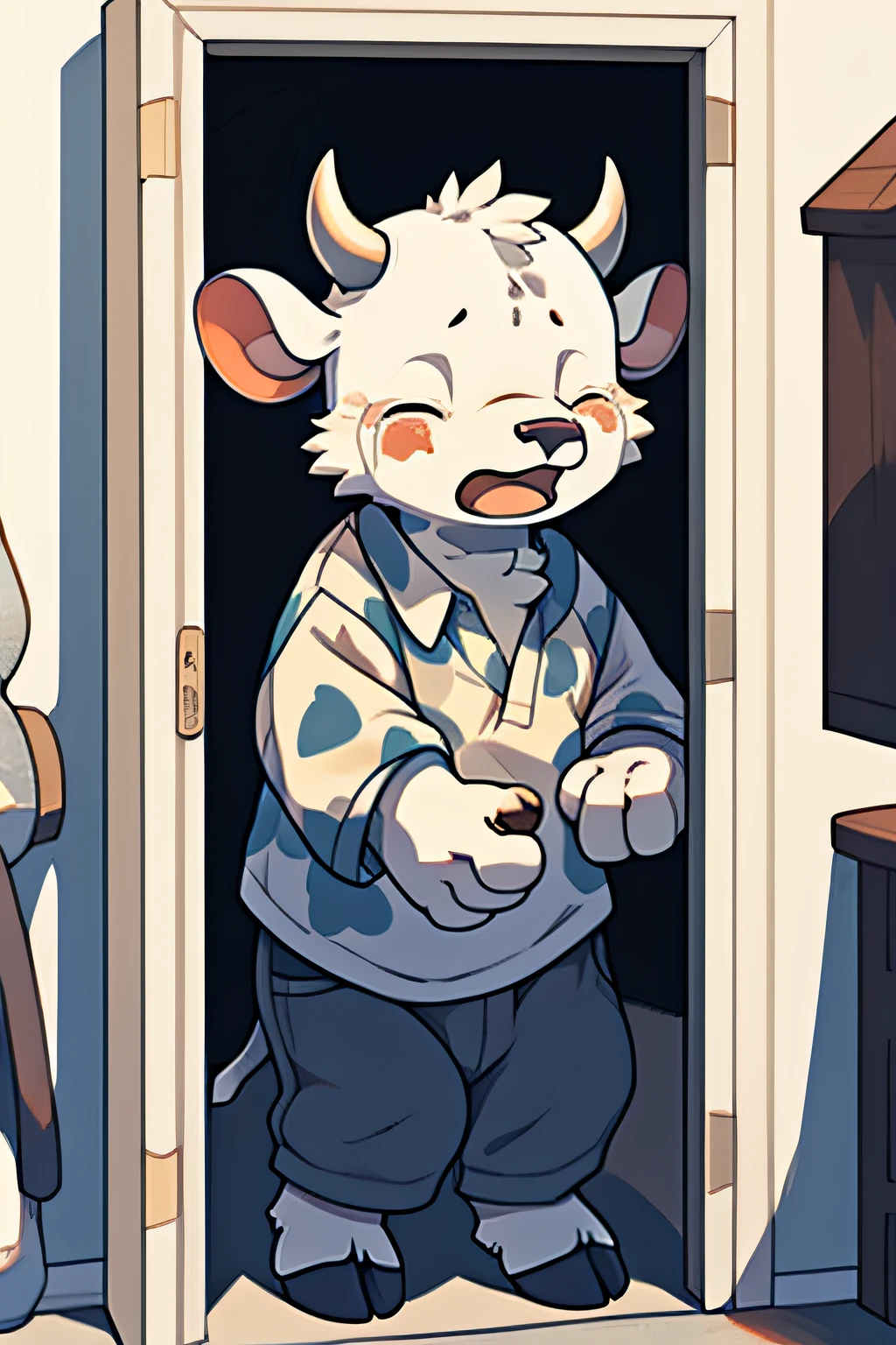 Cow,child, plain clothes, Crying, Opening the Door, Eyes closed, Mouth open, Holding the doorknob, illustration
