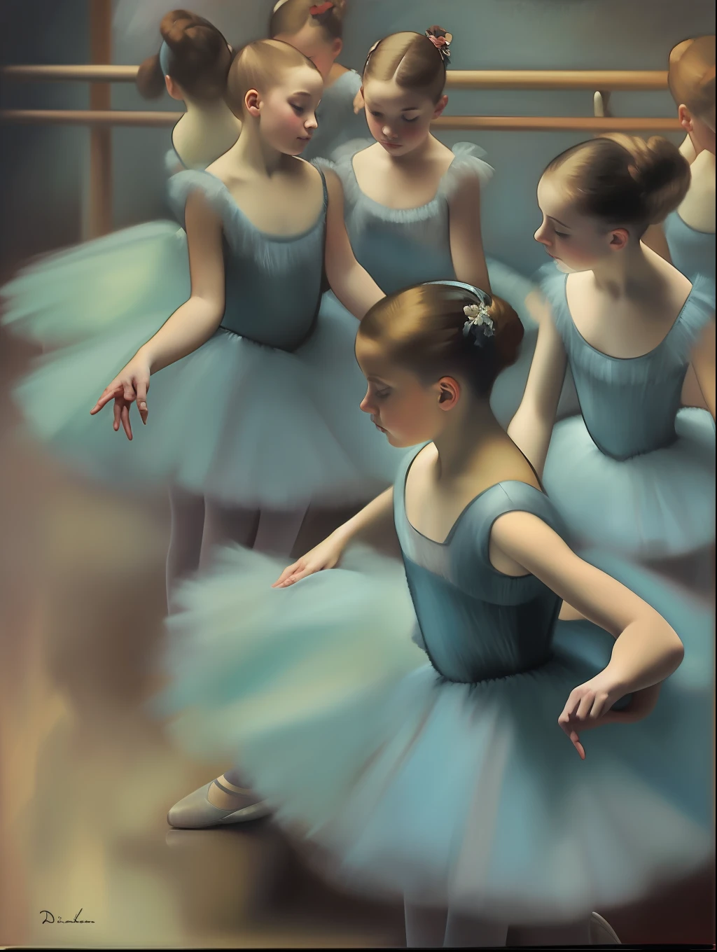 Displaced ballet girls，Grayish blue tones，Oil painting in Degas style