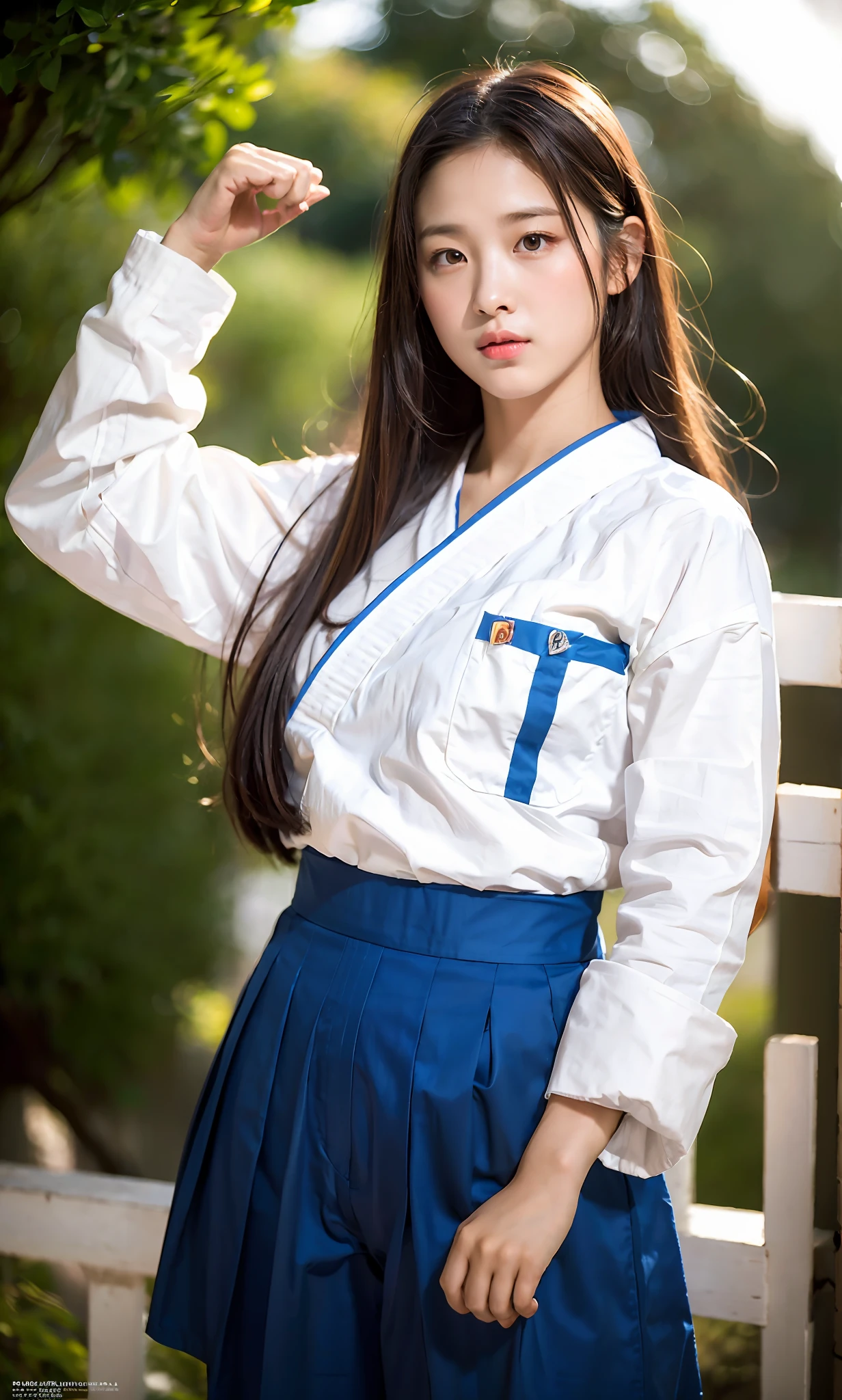 ulzzang-6500-v1.1, (raw photo:1.2), (photorealistic:1.4), beautiful detailed girl, very detailed eyes and face, beautiful detailed eyes, ridiculous, incredibly ridiculous, huge file size, super detailed, high resolution, very detailed, best quality, masterpiece, kemomimi, ((Japanese girls' karate costumes)), illustration, very detailed, CG, unified, 8k wallpaper, amazing, Fine details, masterpiece, best quality, very detailed CG uniform 8k wallpaper, light on face, cinematic lighting, 1girl, 16 years old, ((dynamic pose)), kungfu pose