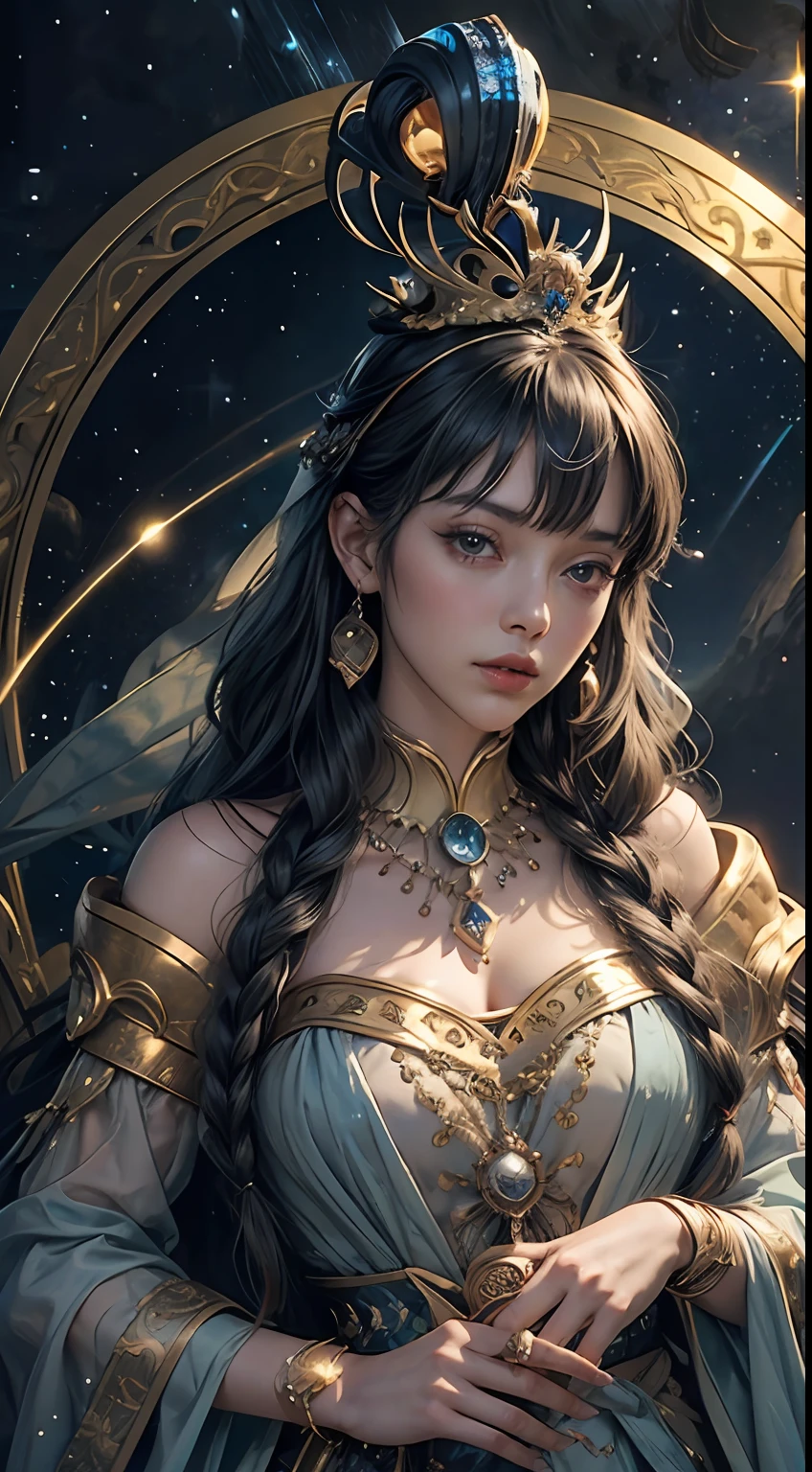 golden framed，tarot cards, border, tachi-e,  （best images quality），（Extremely detailed description），1girll，Dressed in ancient queen costumes，（full bodyesbian），A brilliant scepter in your hand，Crown on head，（Very perfect figure），（Very detailed and perfect facial depiction），（Very detailed details of the face），Blue starry sky，（Very large moon close-up），Moonlight shines through the clouds，As estrelas（glitters），garments（blingbling），(The four sides of the image are surrounded by tarot-like borders)，（tmasterpiece），（8k wallpaper），mito，Fantasy theme，ultra-realistic realism，realisticlying